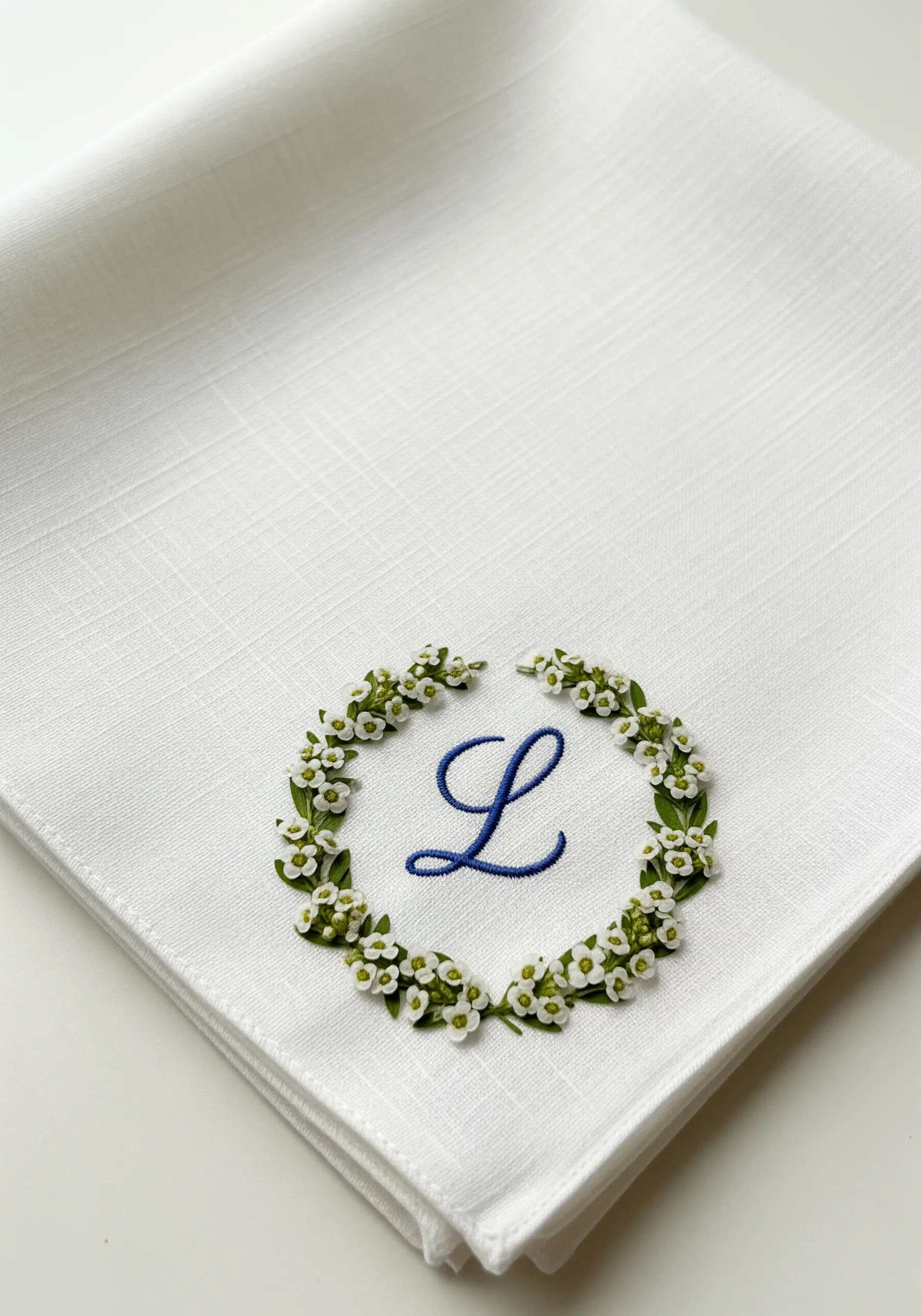 An embroidered 'L' on a white handkerchief, encircled by a wreath of tiny pressed white flowers.