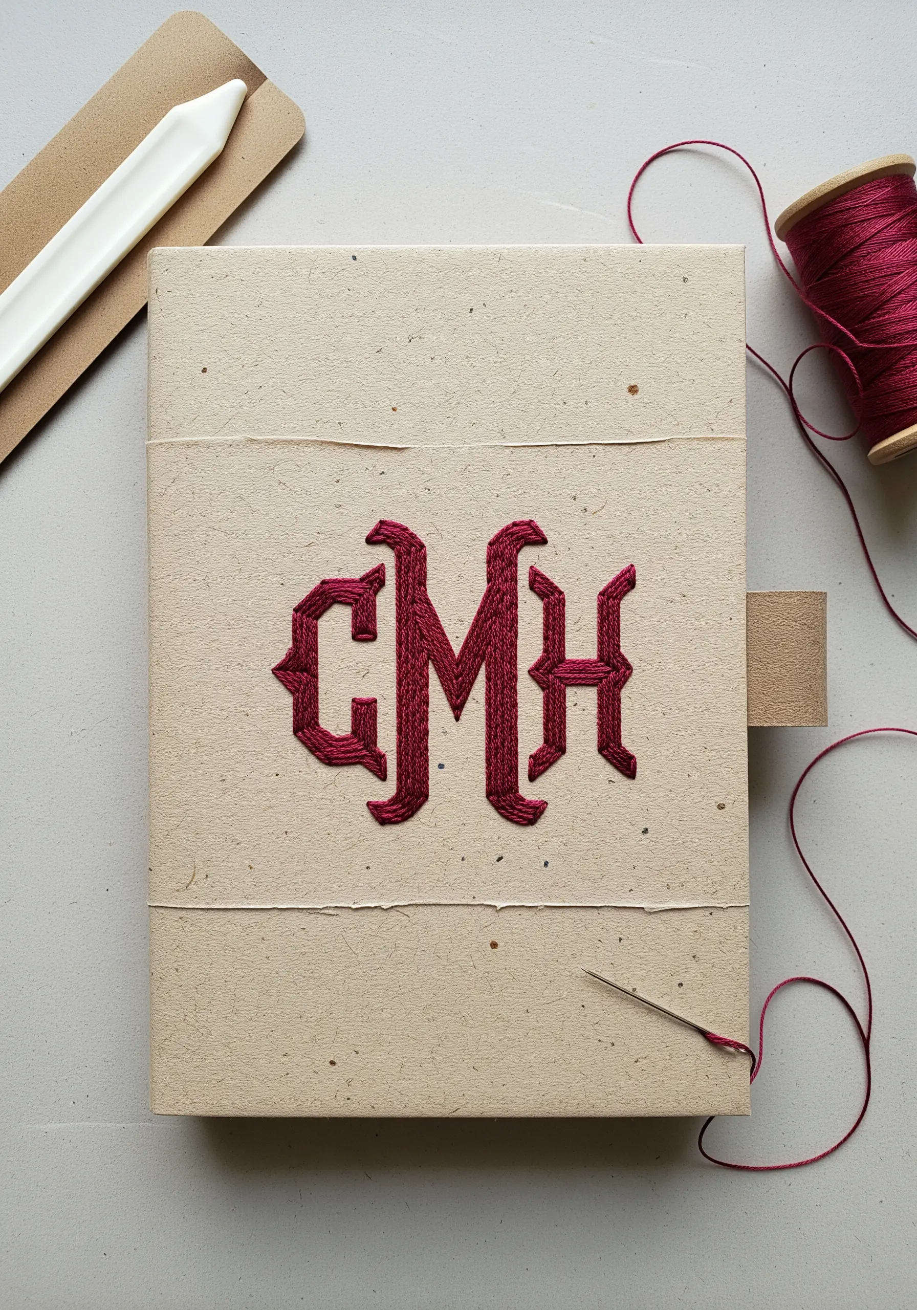 A classic three-letter monogram in deep red thread, stitched onto kraft paper with a raised effect.
