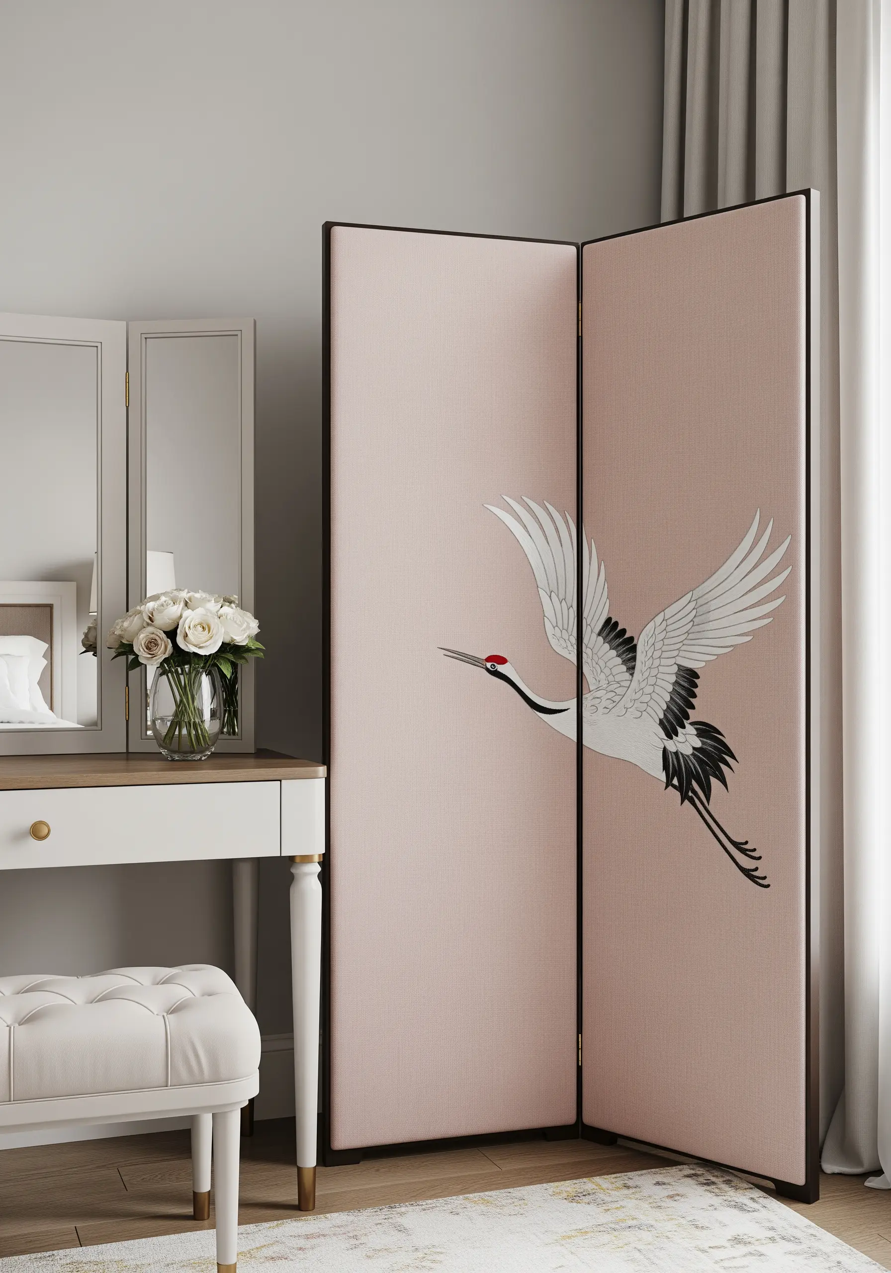A pink folding room screen with a large, elegant embroidered white crane motif.