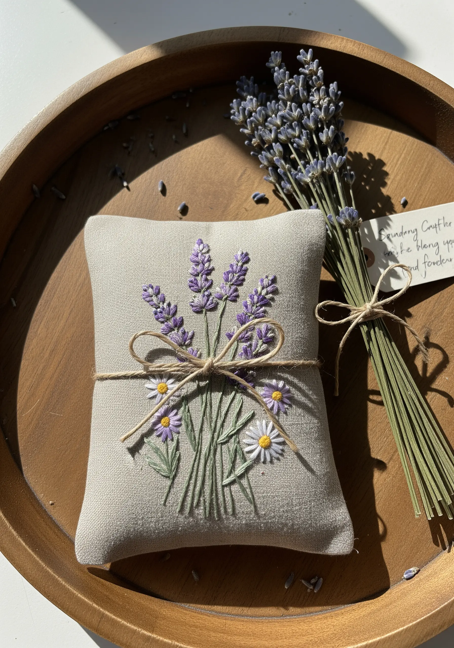 A small linen sachet pillow embroidered with a bouquet of lavender and daisies