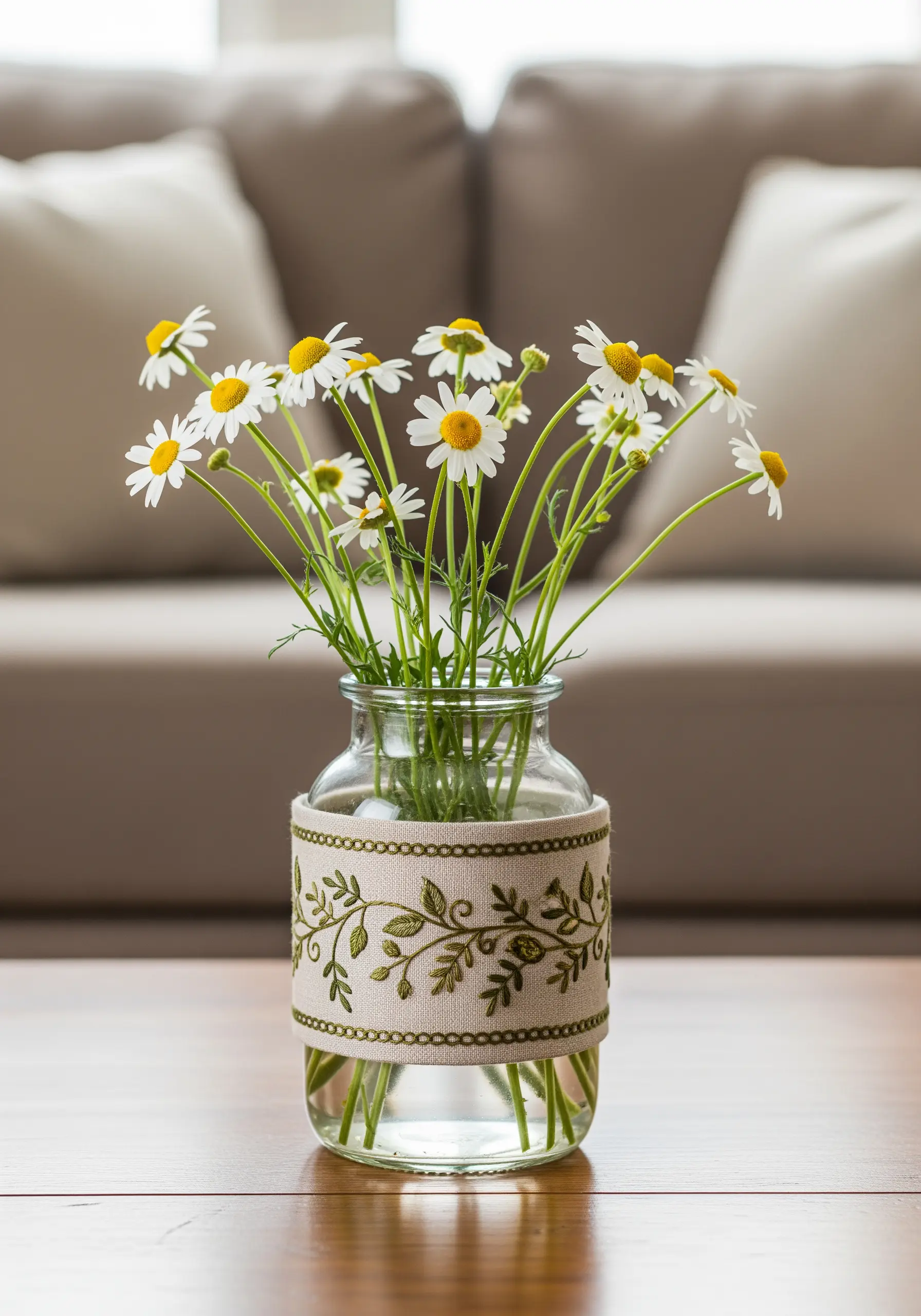 A glass vase wrapped in an embroidered linen band featuring a delicate green vine pattern.