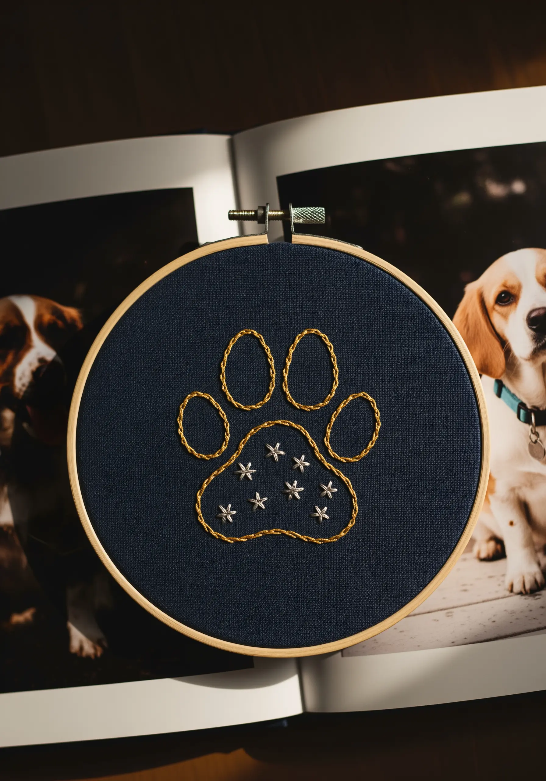 Gold thread embroidery of a paw print with small silver stars inside on navy fabric.
