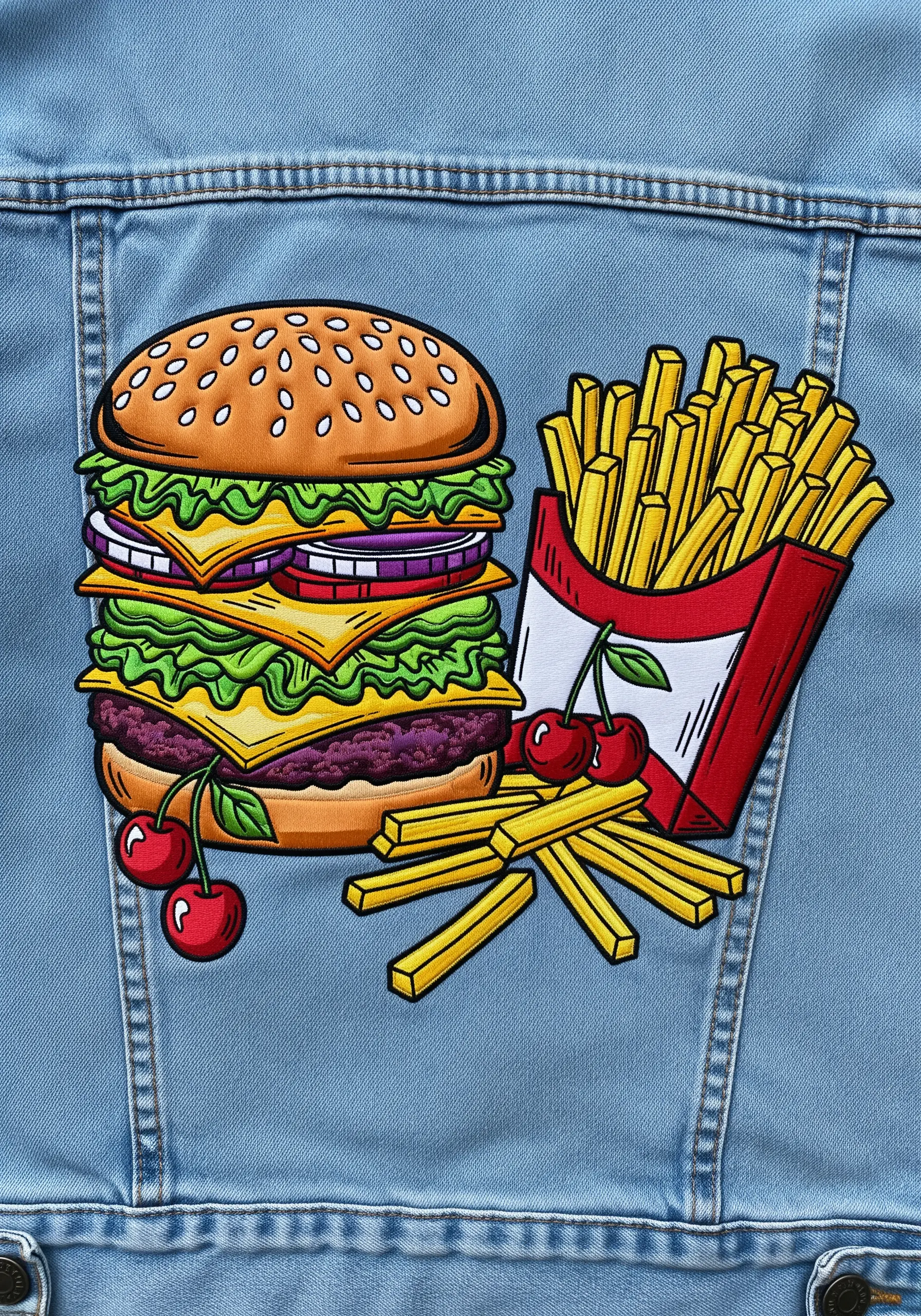 A large, colorful burger and fries embroidered patch on a denim jacket back.