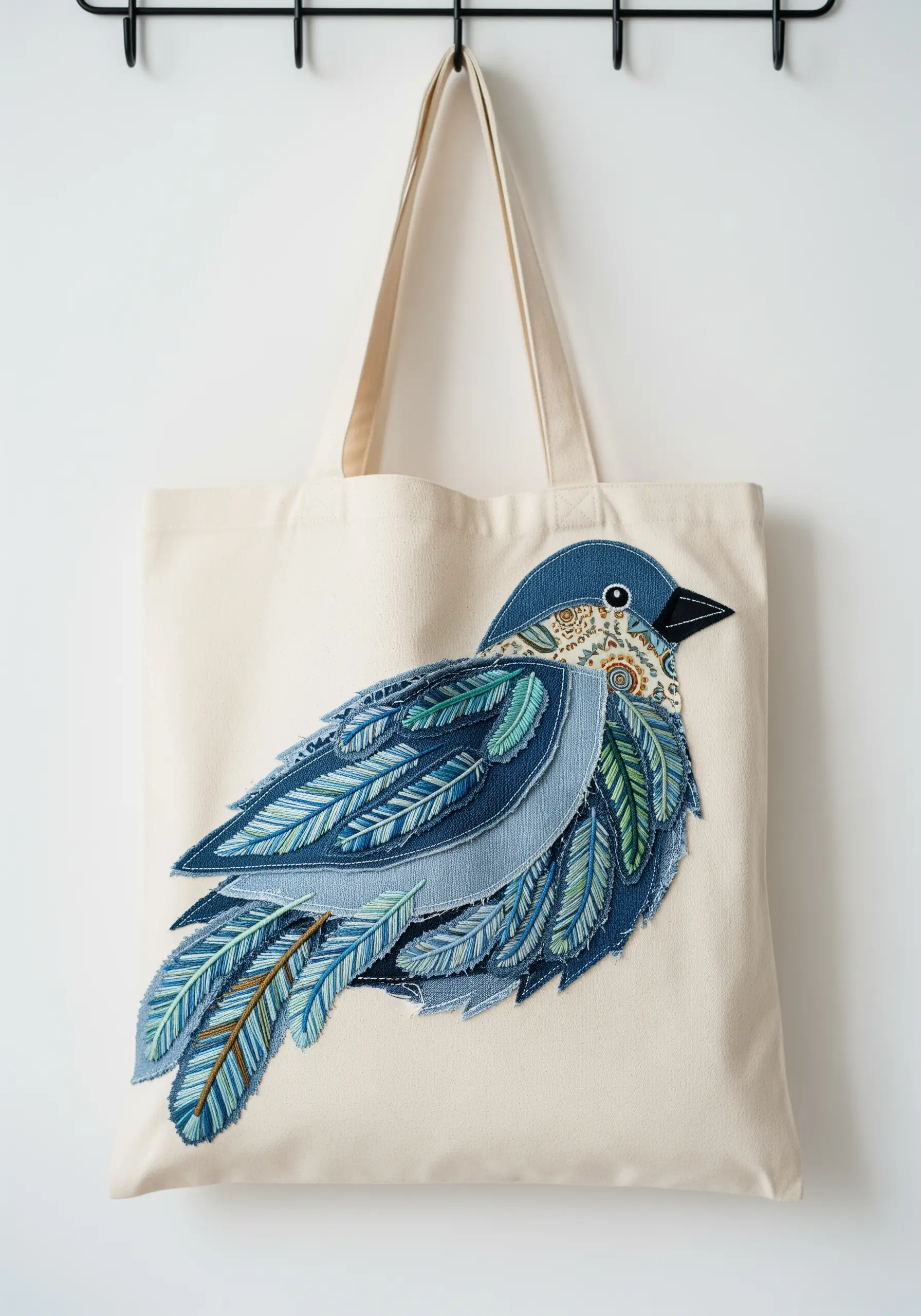 Tote bag decorated with a layered fabric appliqué of a bird with embroidered details.