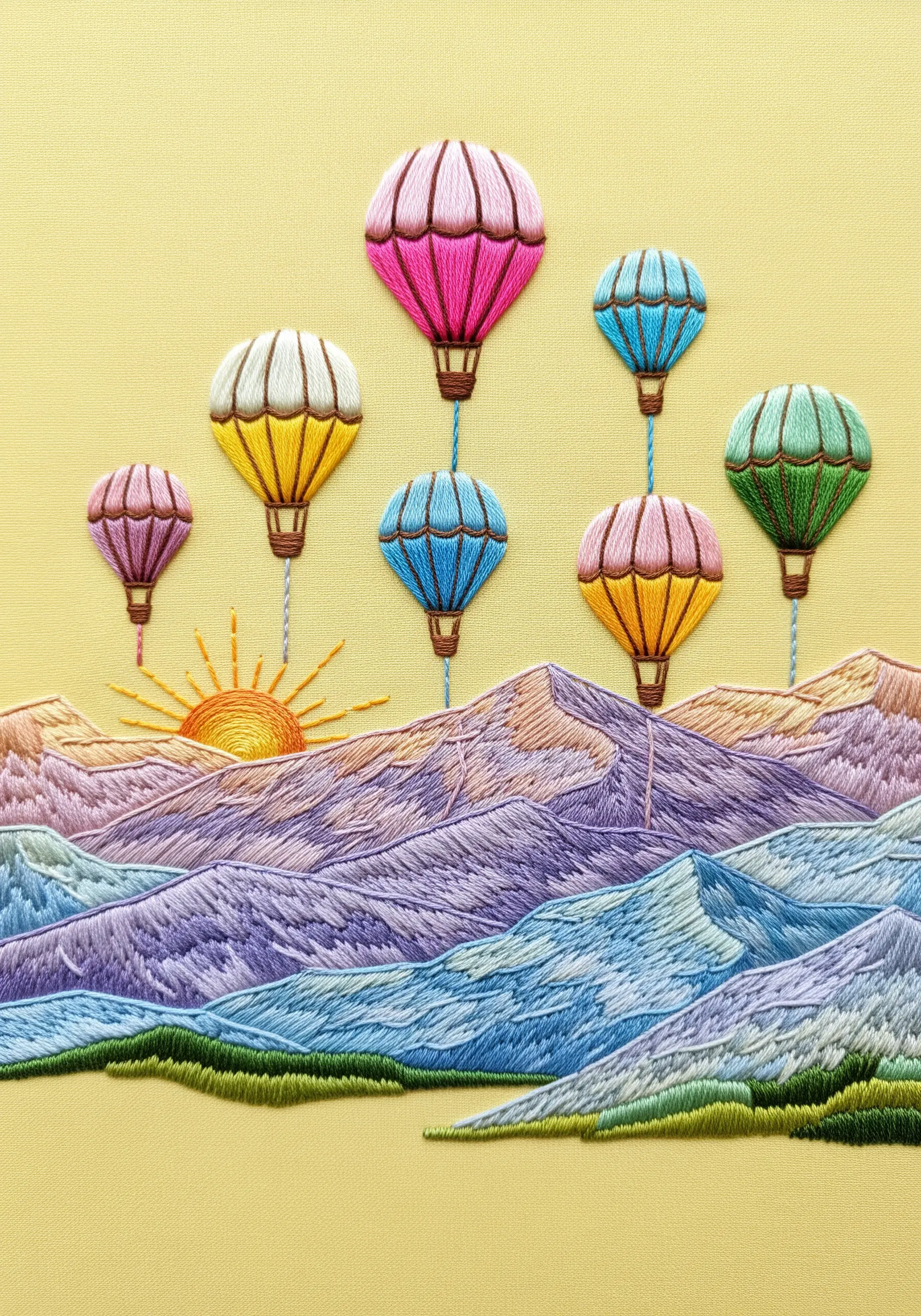 Whimsical embroidery of colorful hot air balloons floating over pastel mountains.