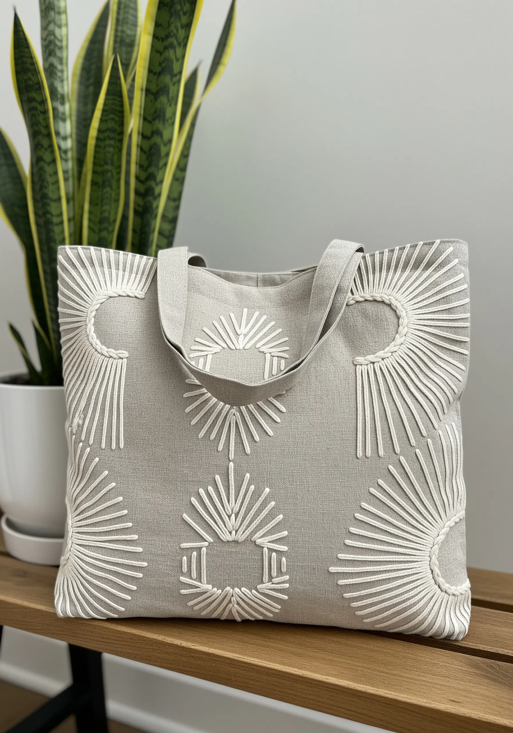 Gray linen tote bag embellished with white geometric sunburst embroidery patterns.