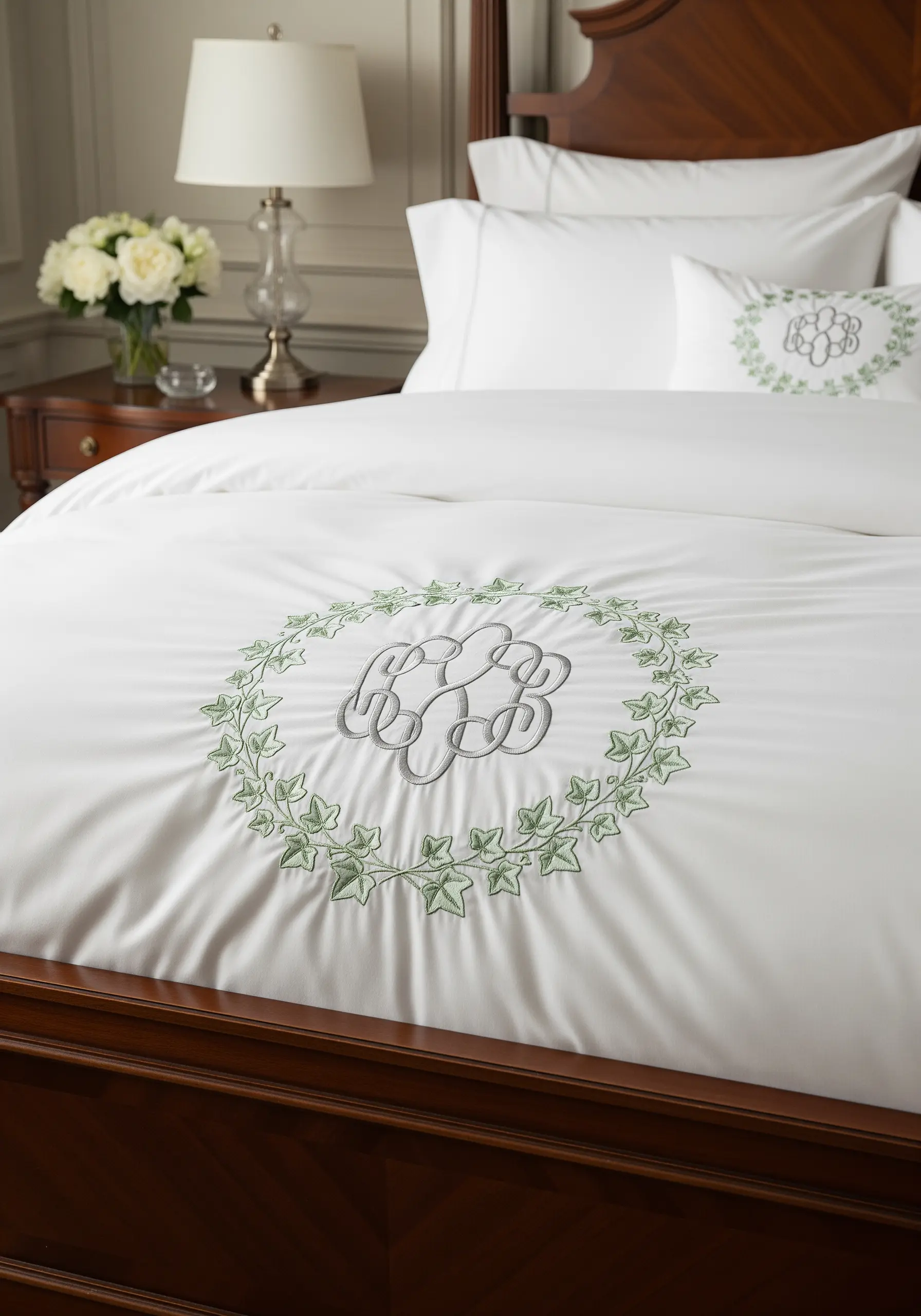 A classic three-letter monogram in grey thread surrounded by a green ivy wreath on a white duvet.