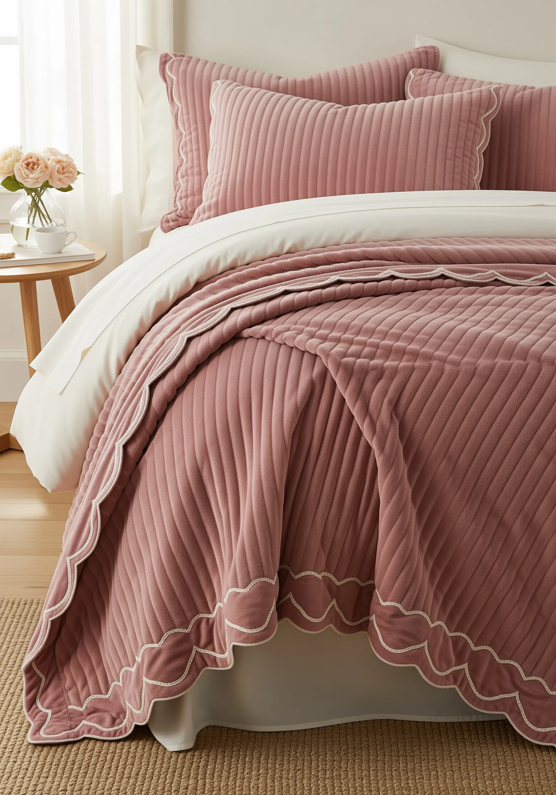Dusty rose quilted bedspread with a decorative ivory scalloped blanket stitch edge.