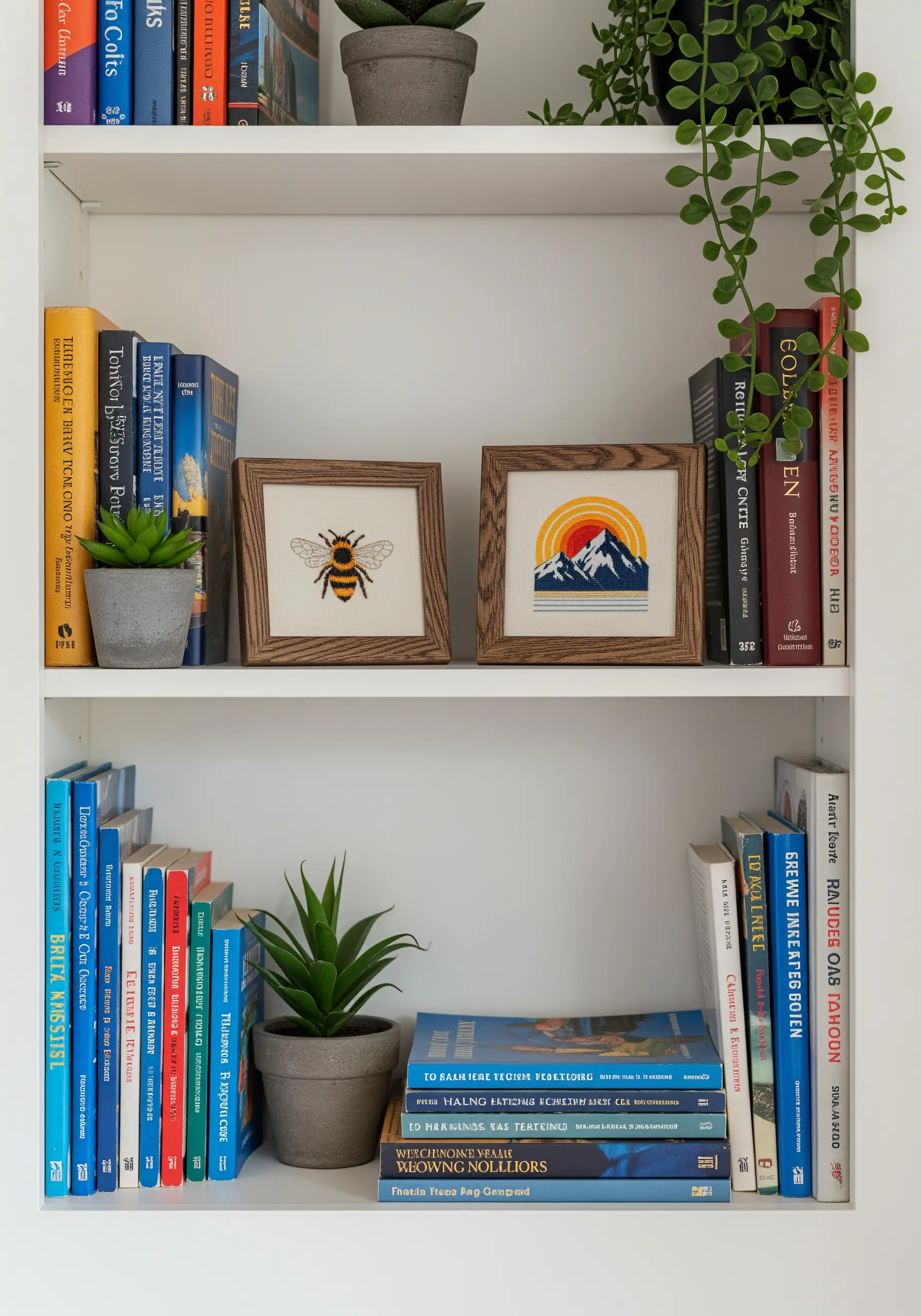 Two framed embroidery pieces, a bee and a mountain sunset, displayed on a bookshelf