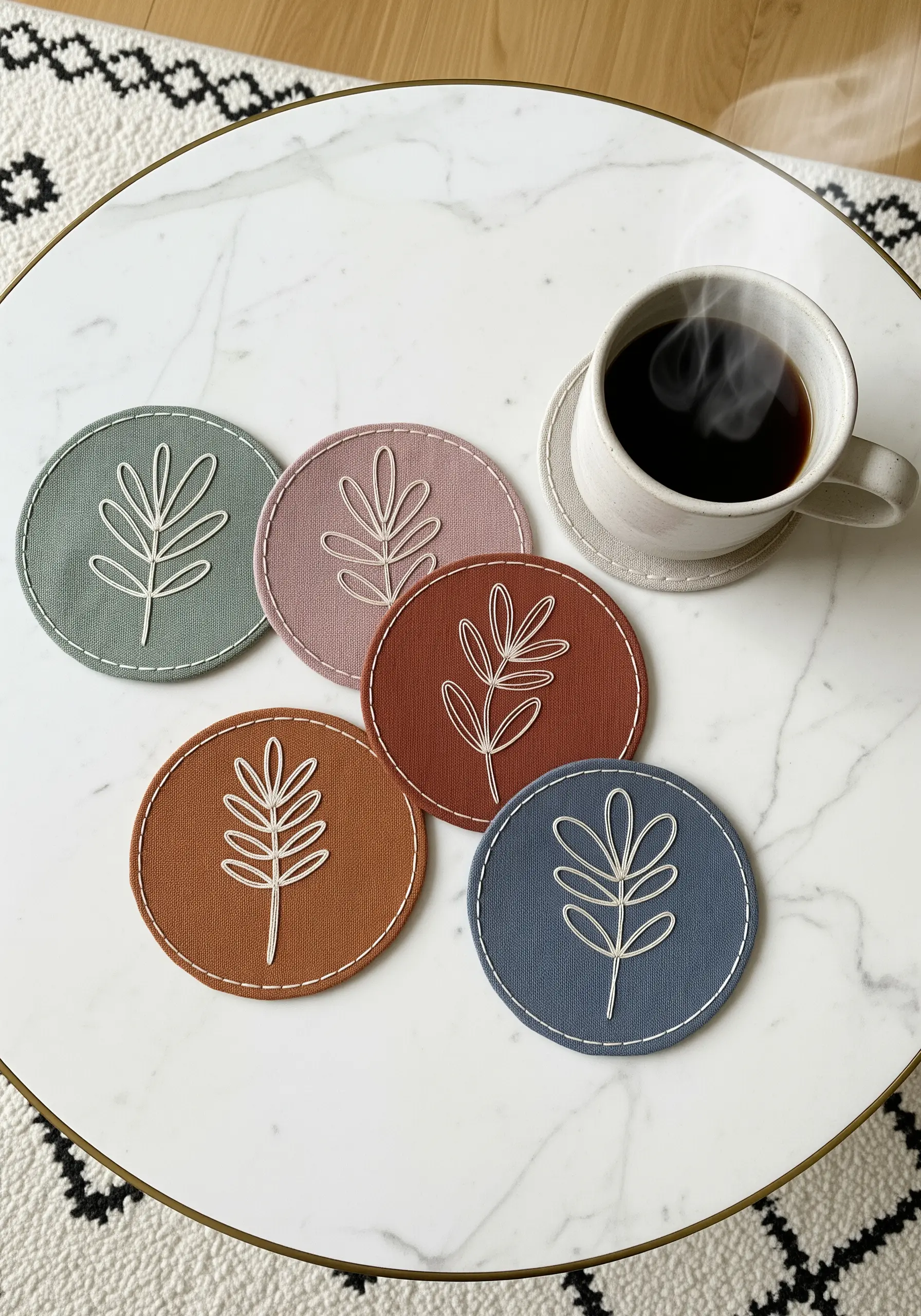 Set of embroidered coasters in earthy tones with a white botanical line art motif.