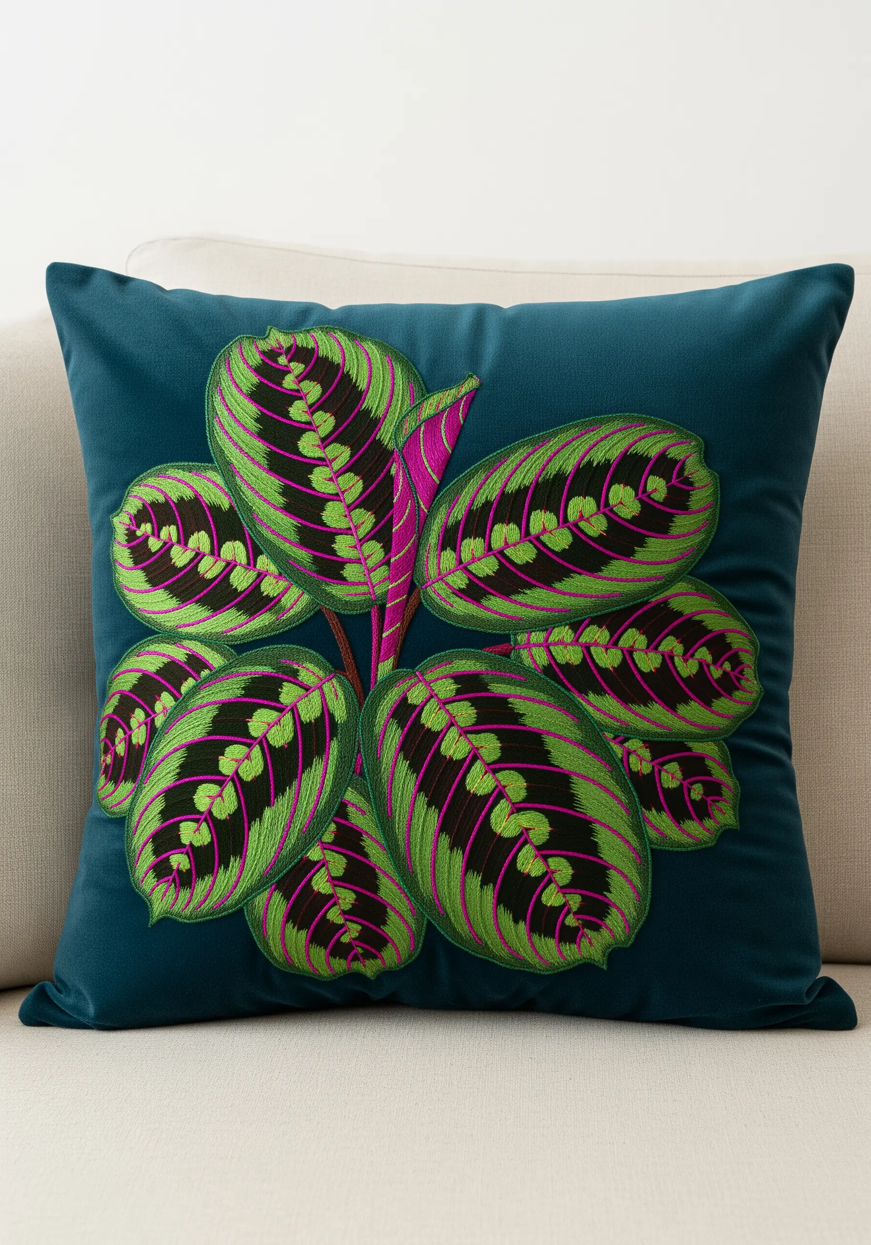 Embroidered Prayer Plant with bright pink and green threads on a teal velvet cushion.