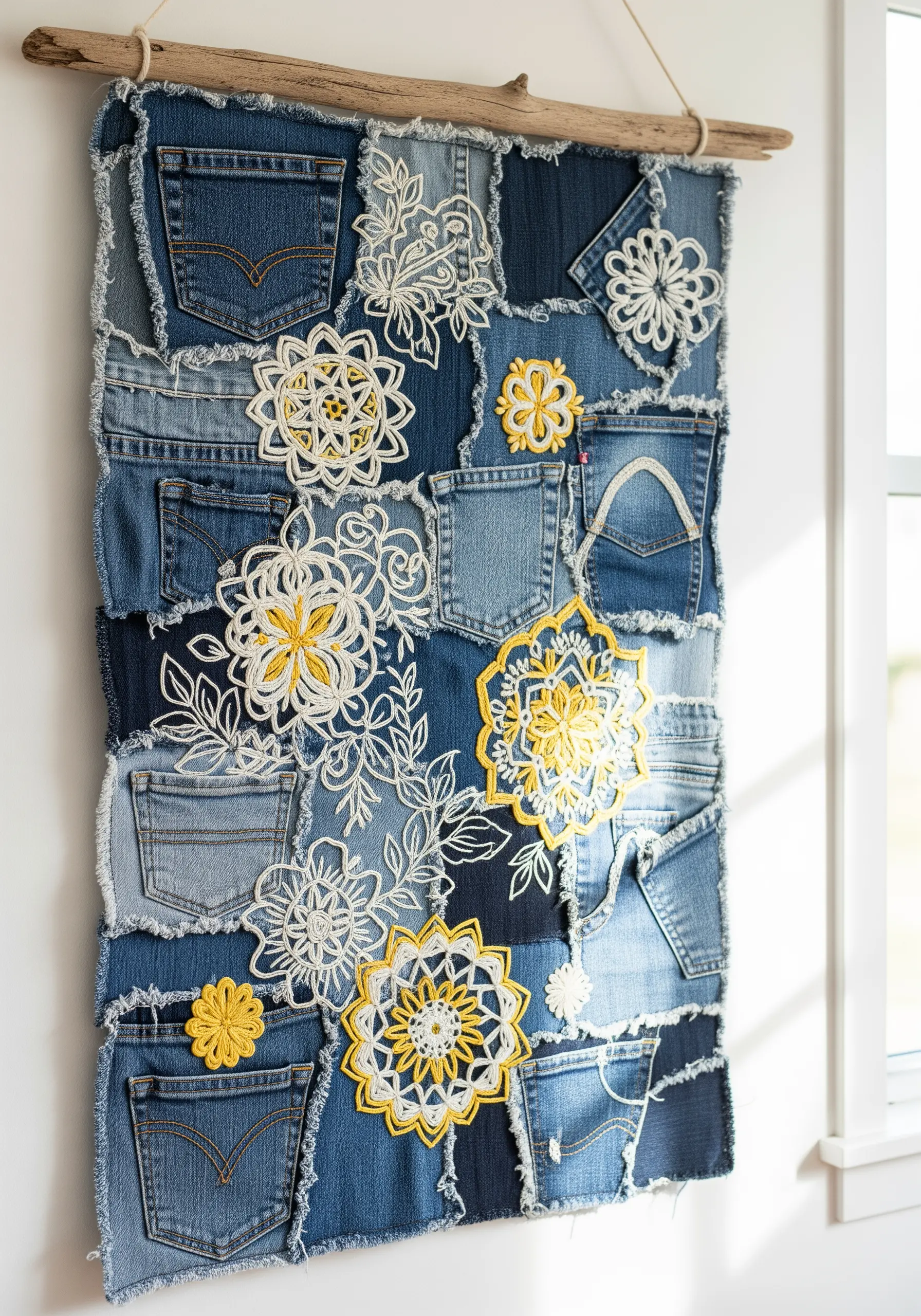 A wall hanging made of denim jean pockets, embellished with white and yellow floral embroidery.