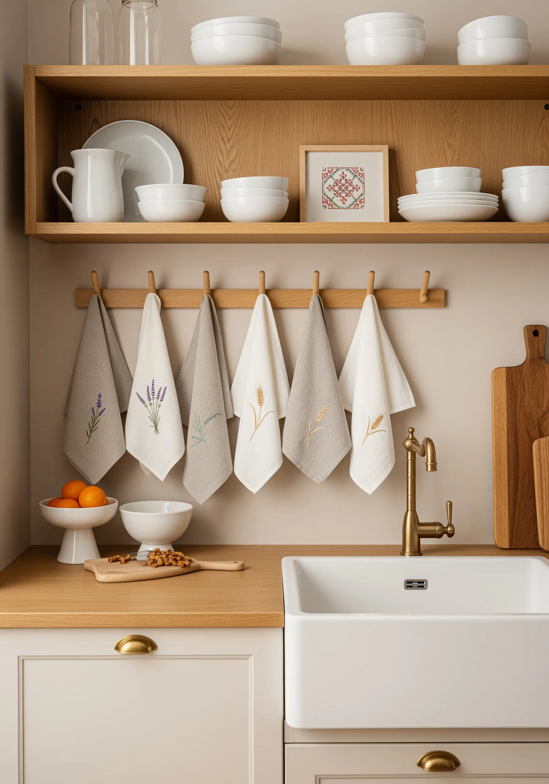 Linen kitchen towels with small, delicate embroidered botanicals like lavender and wheat.
