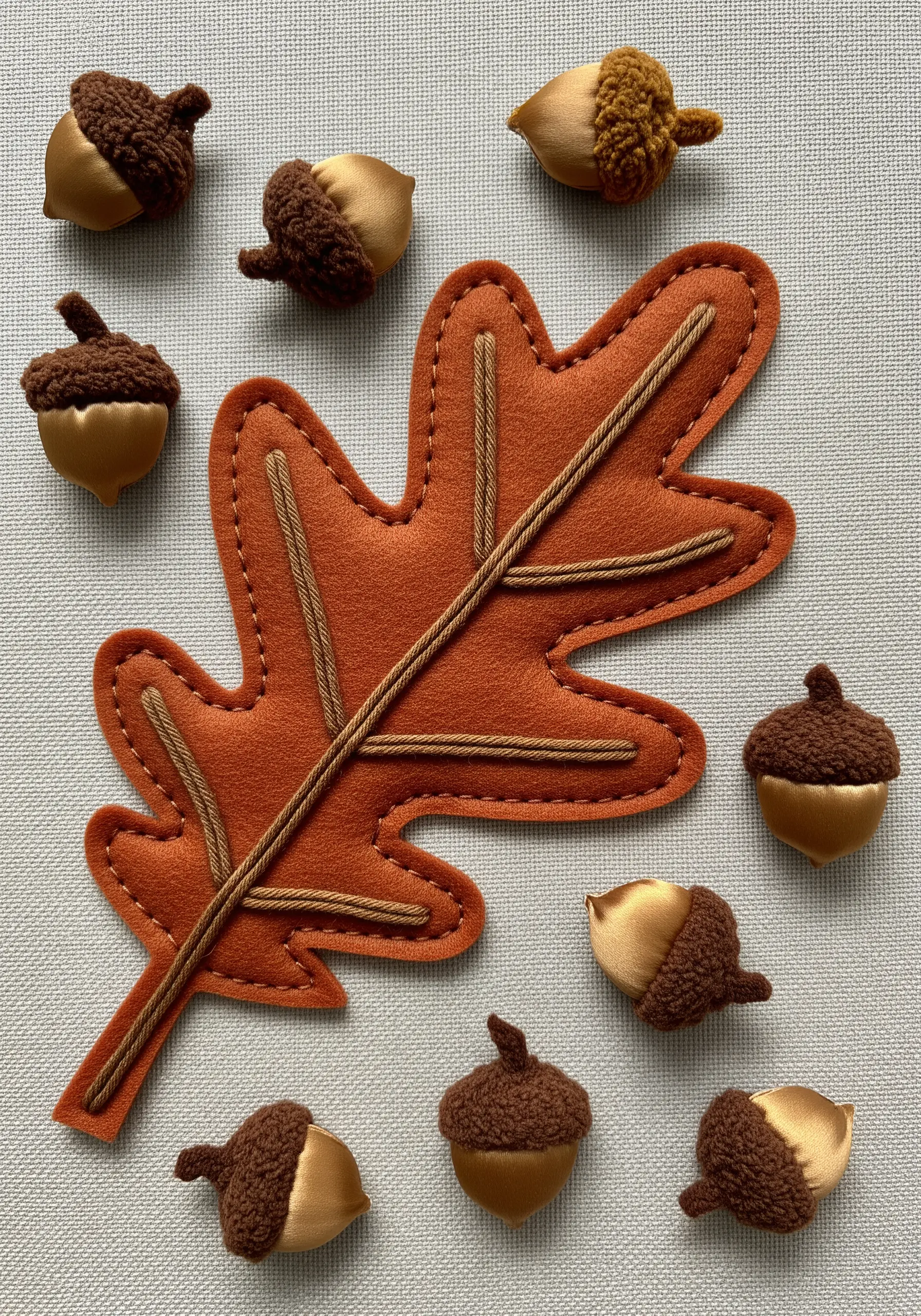 Felt appliqué oak leaf with couched cord veins and 3D acorns.