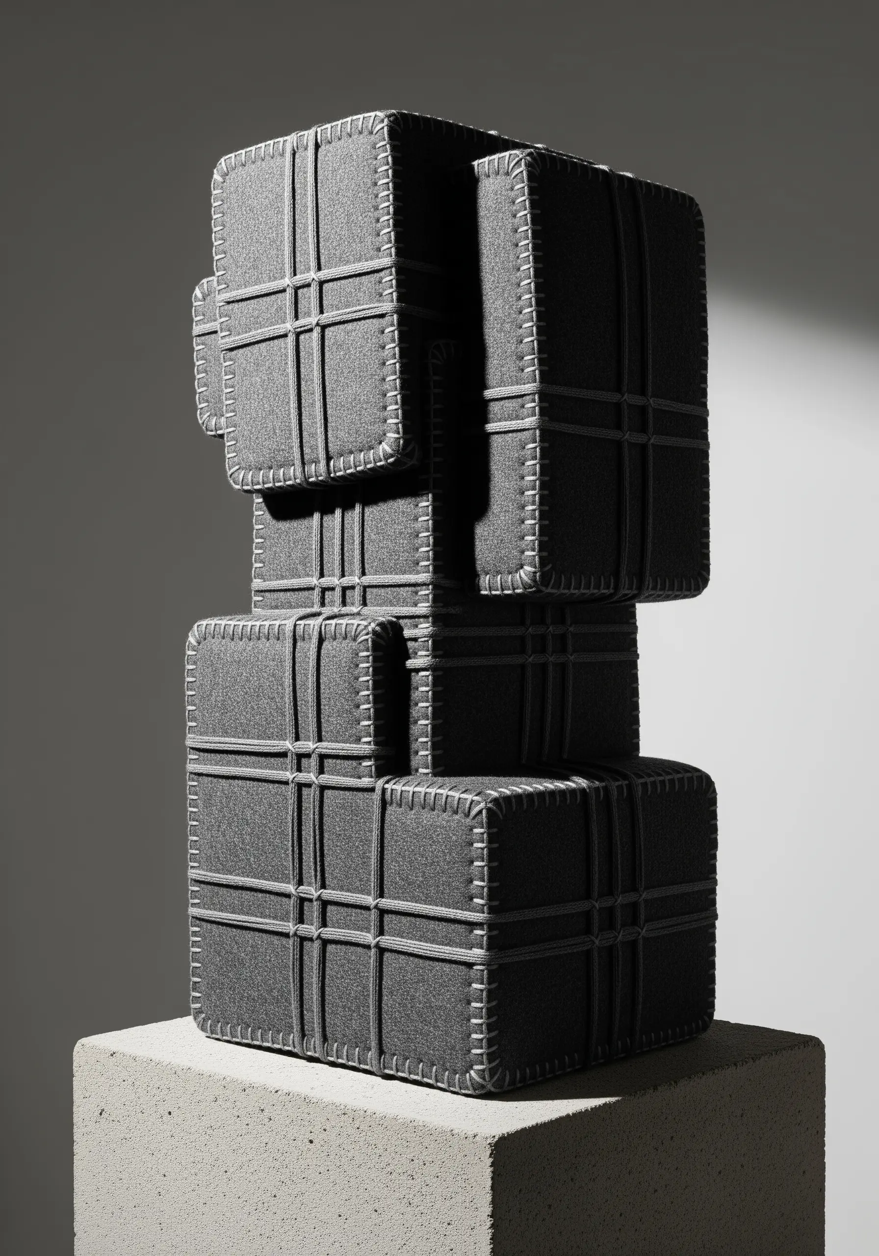 A modern sculpture of stacked grey blocks, meticulously edged with a white blanket stitch.