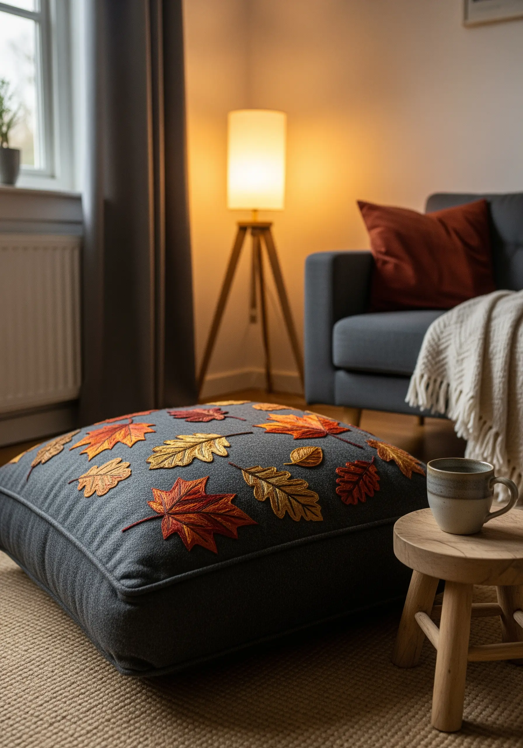 A large grey floor cushion embellished with satin-stitched autumn leaves in orange, red, and gold.