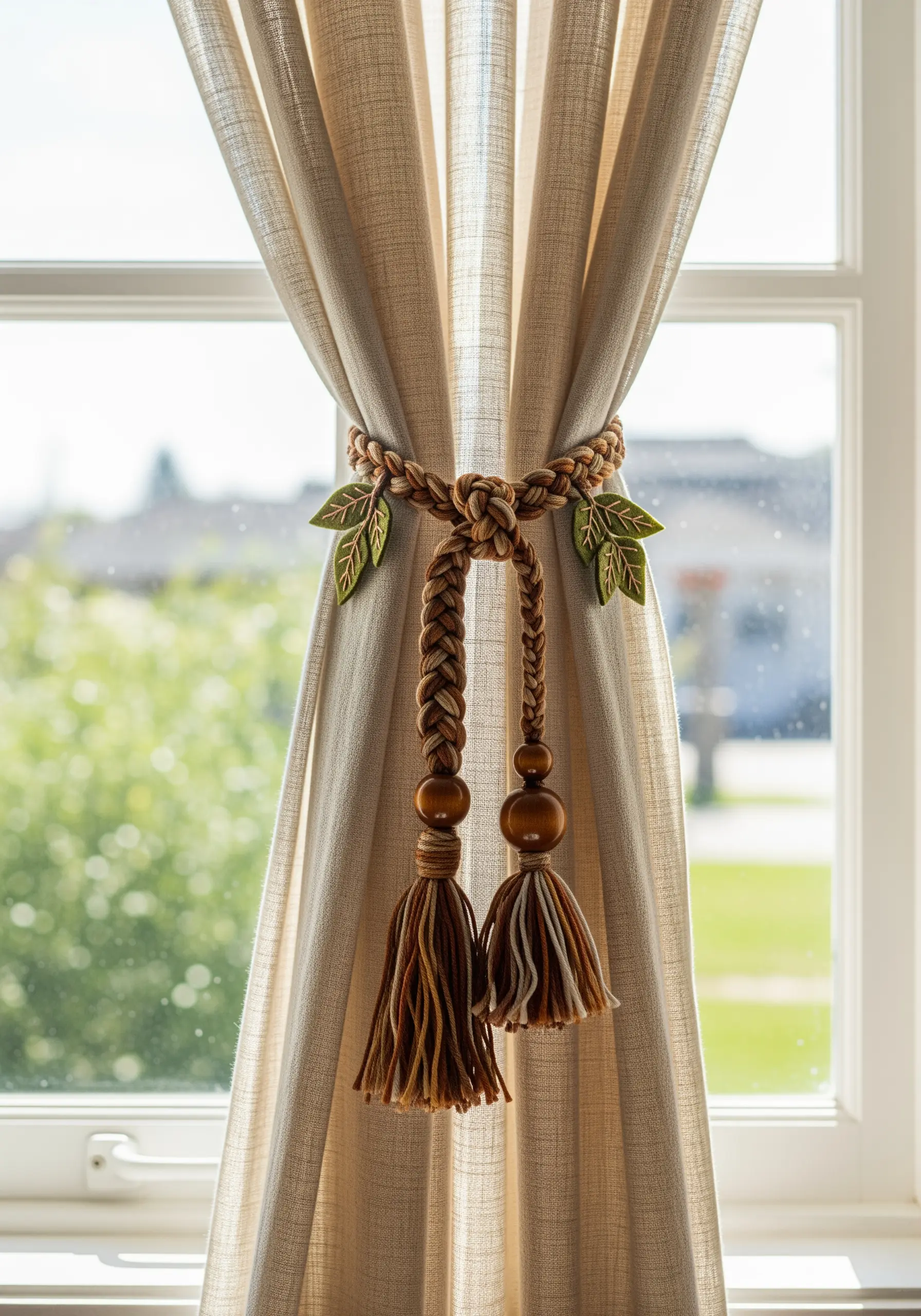 A braided curtain tie-back decorated with wooden beads and small, hand-embroidered green leaves.