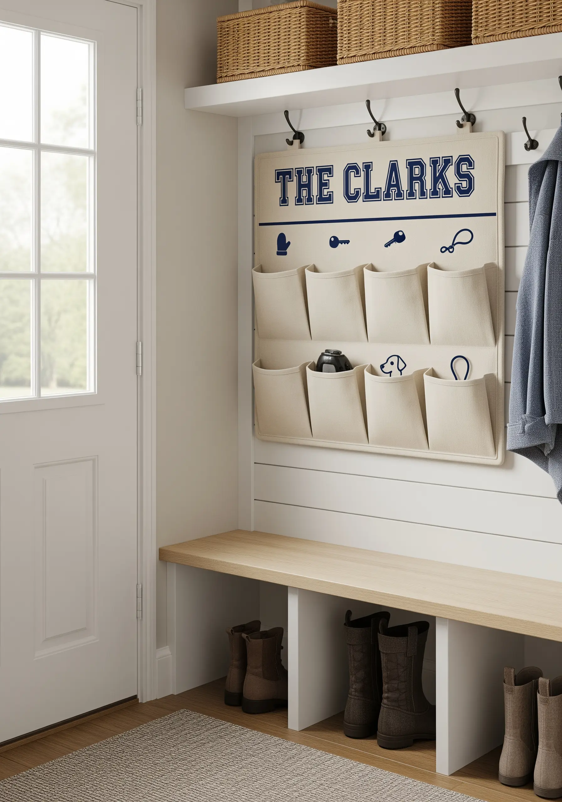 Entryway organizer with an embroidered family name and simple organizational icons.