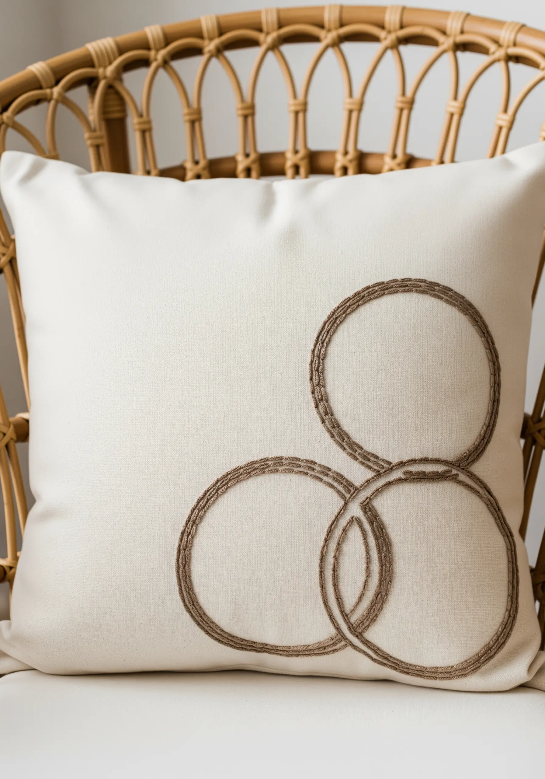 Three interlocking circles embroidered with a textured, wrapped stitch on an off-white cushion.