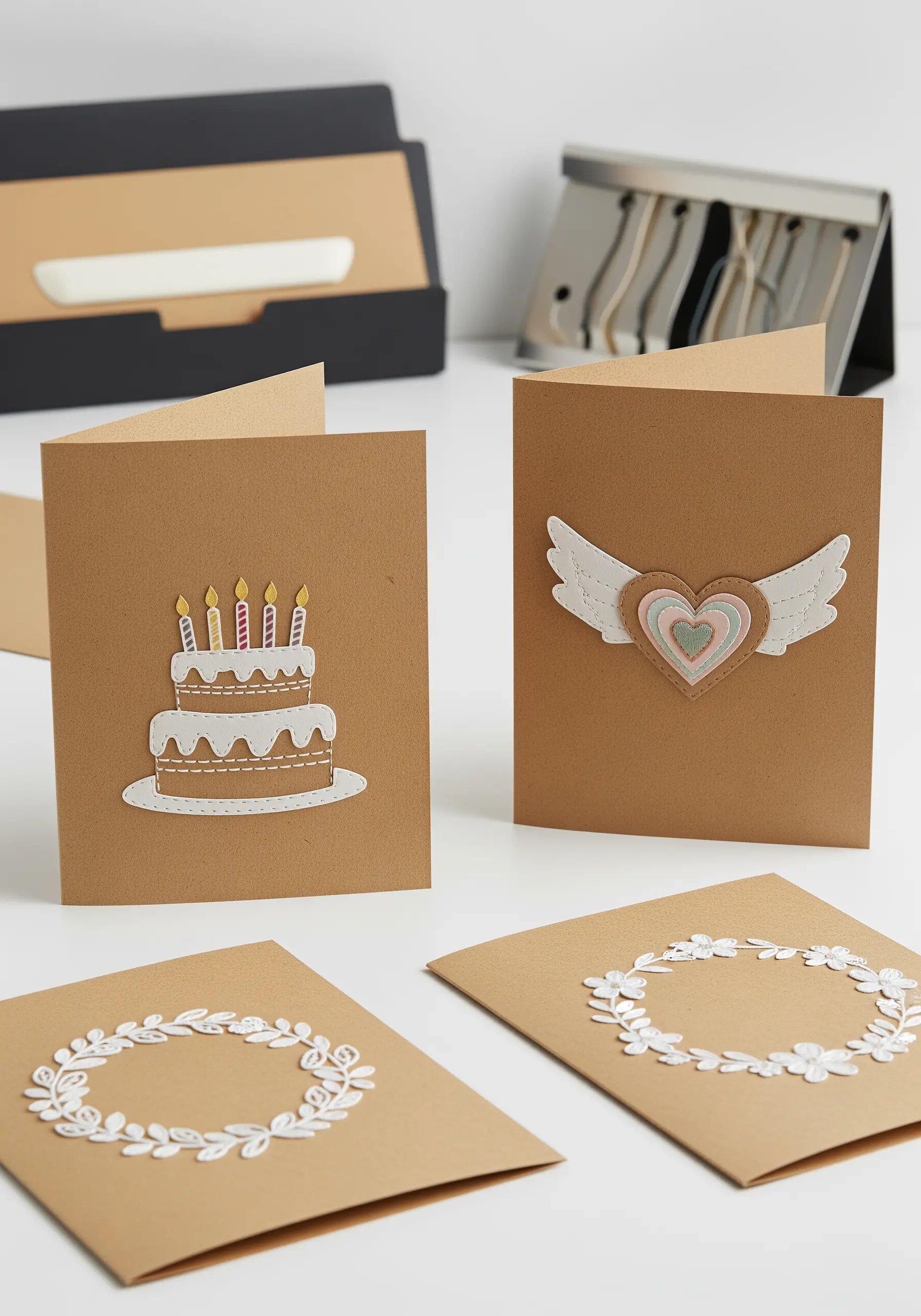 Handmade greeting cards featuring paper cutouts embellished with simple, clean white stitches.