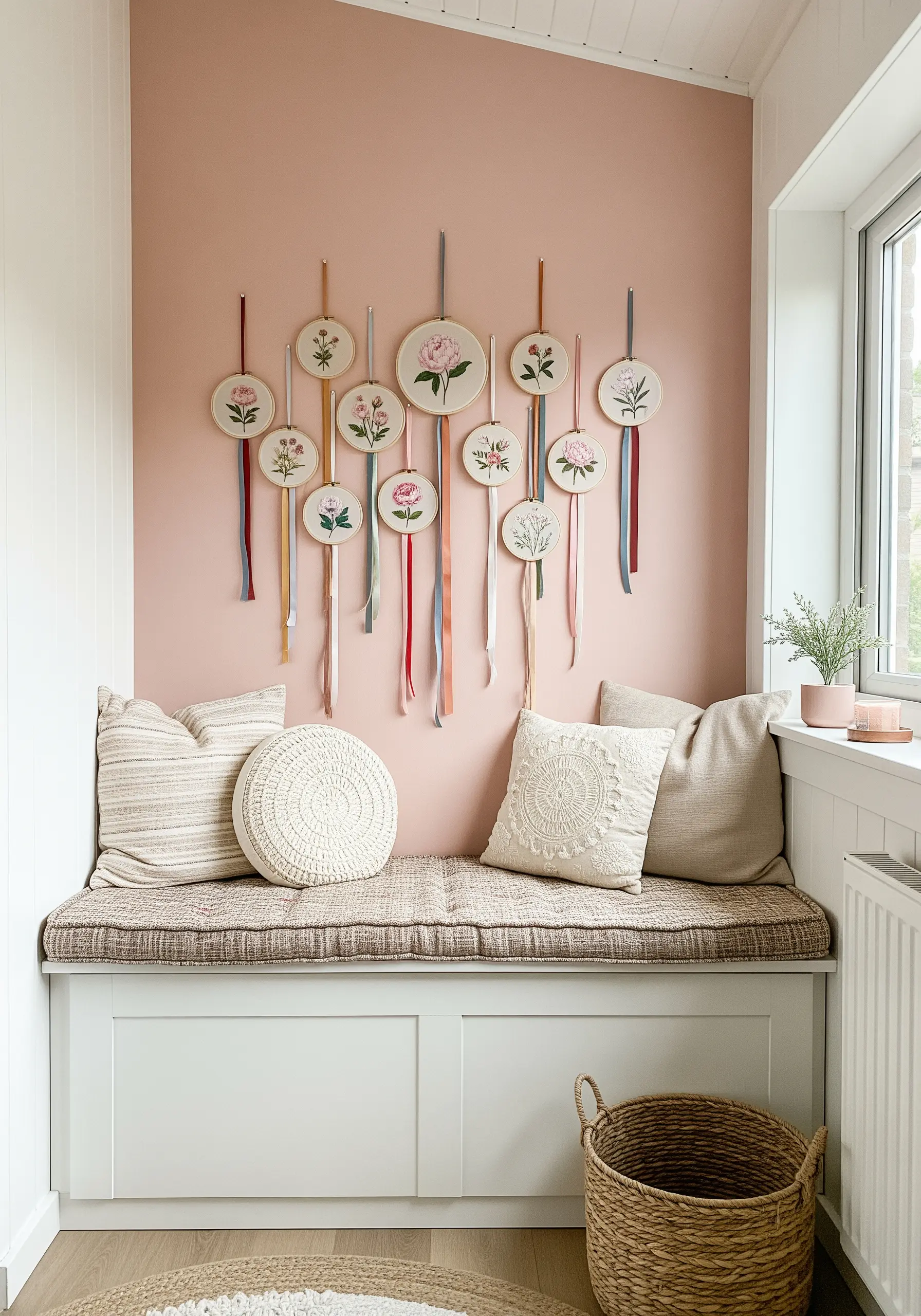 A collection of floral embroidery hoops on a pink wall, each hung with long, colorful ribbons.