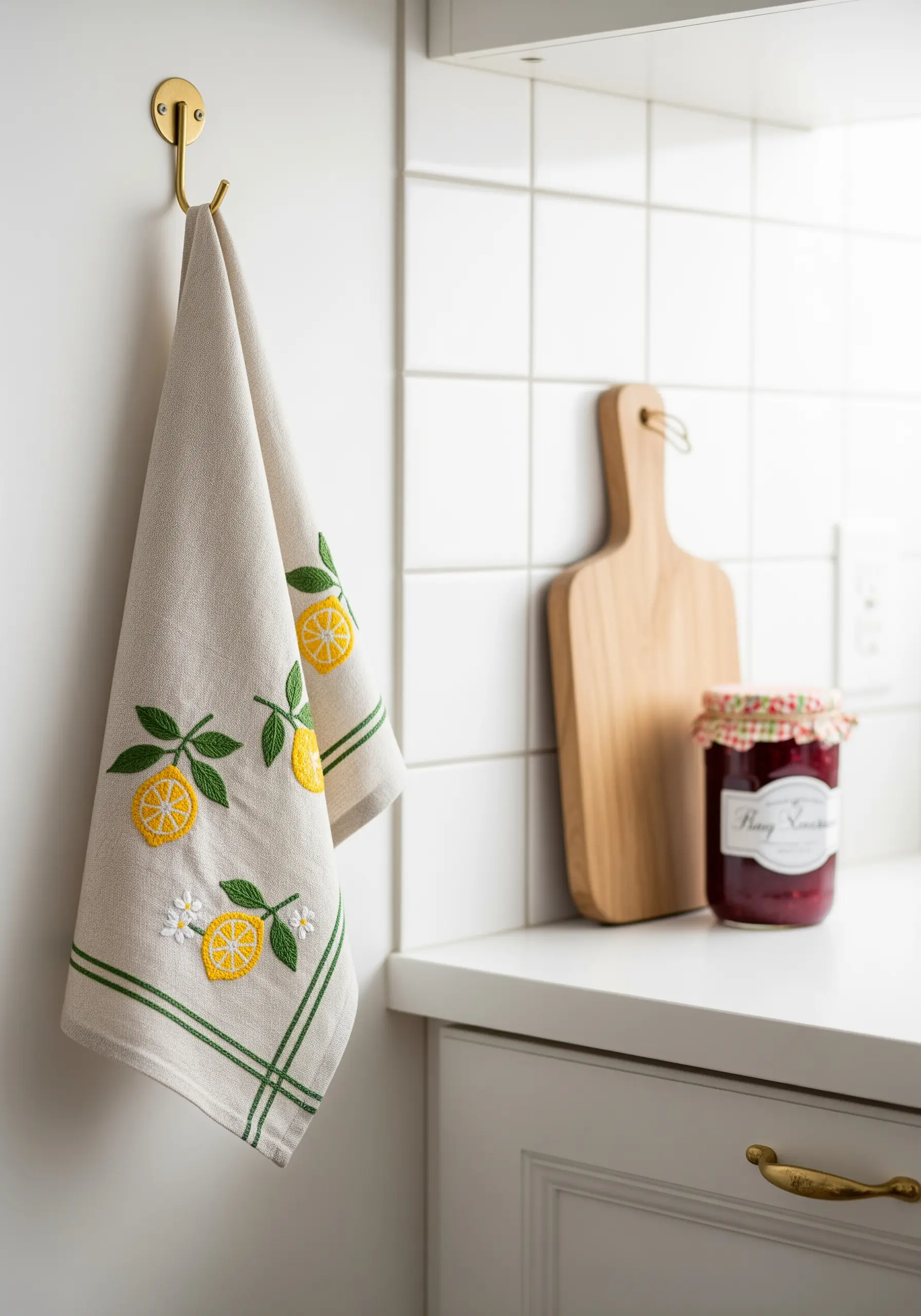 A linen tea towel embroidered with lemons, leaves, and a green stitched border.