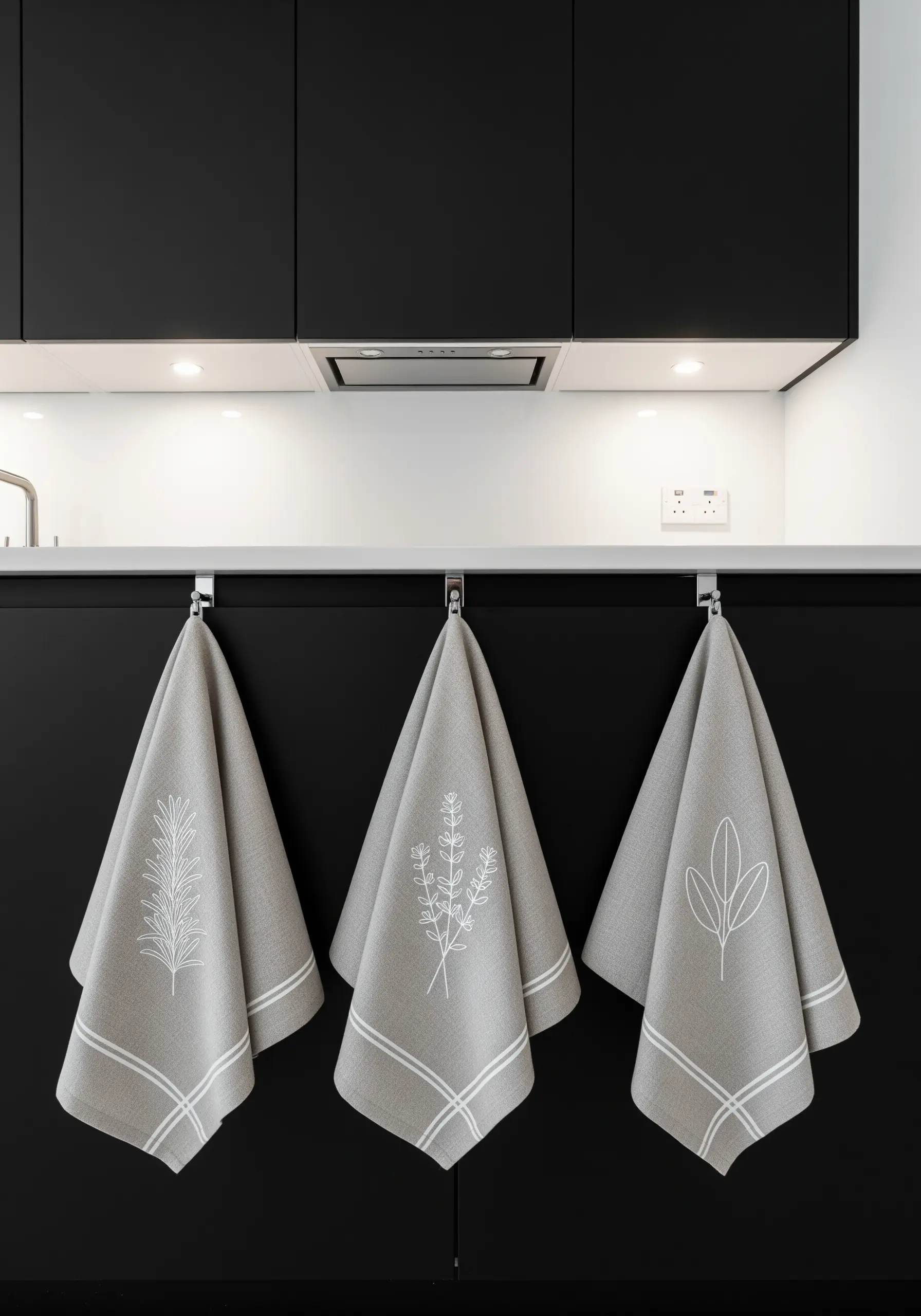 Three gray kitchen towels with simple white line art embroidery of different herbs.
