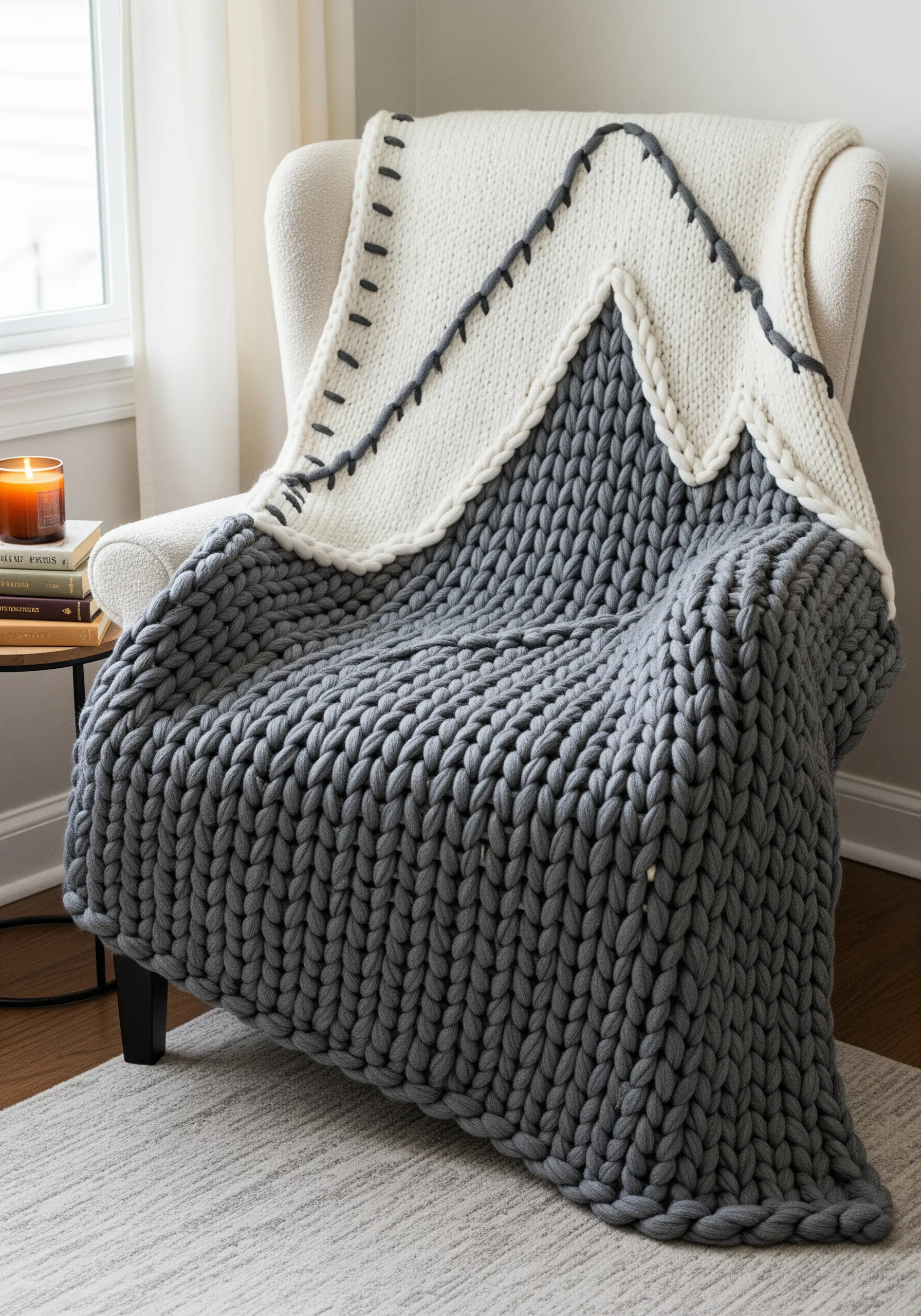 A chunky gray and white knit blanket with decorative black whipstitching draped over a chair.