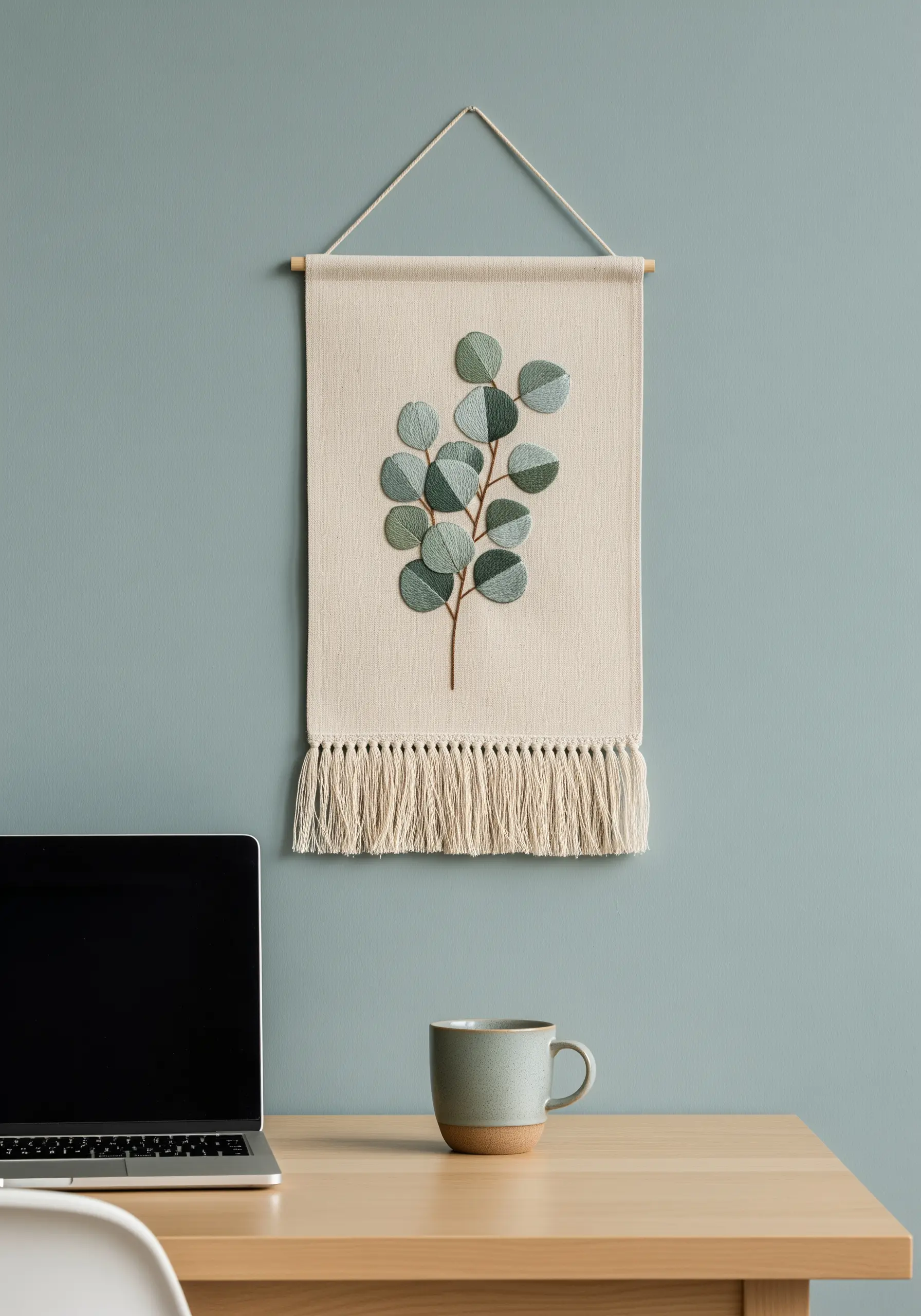 Embroidery wall hanging with 3D padded satin stitch eucalyptus leaves.