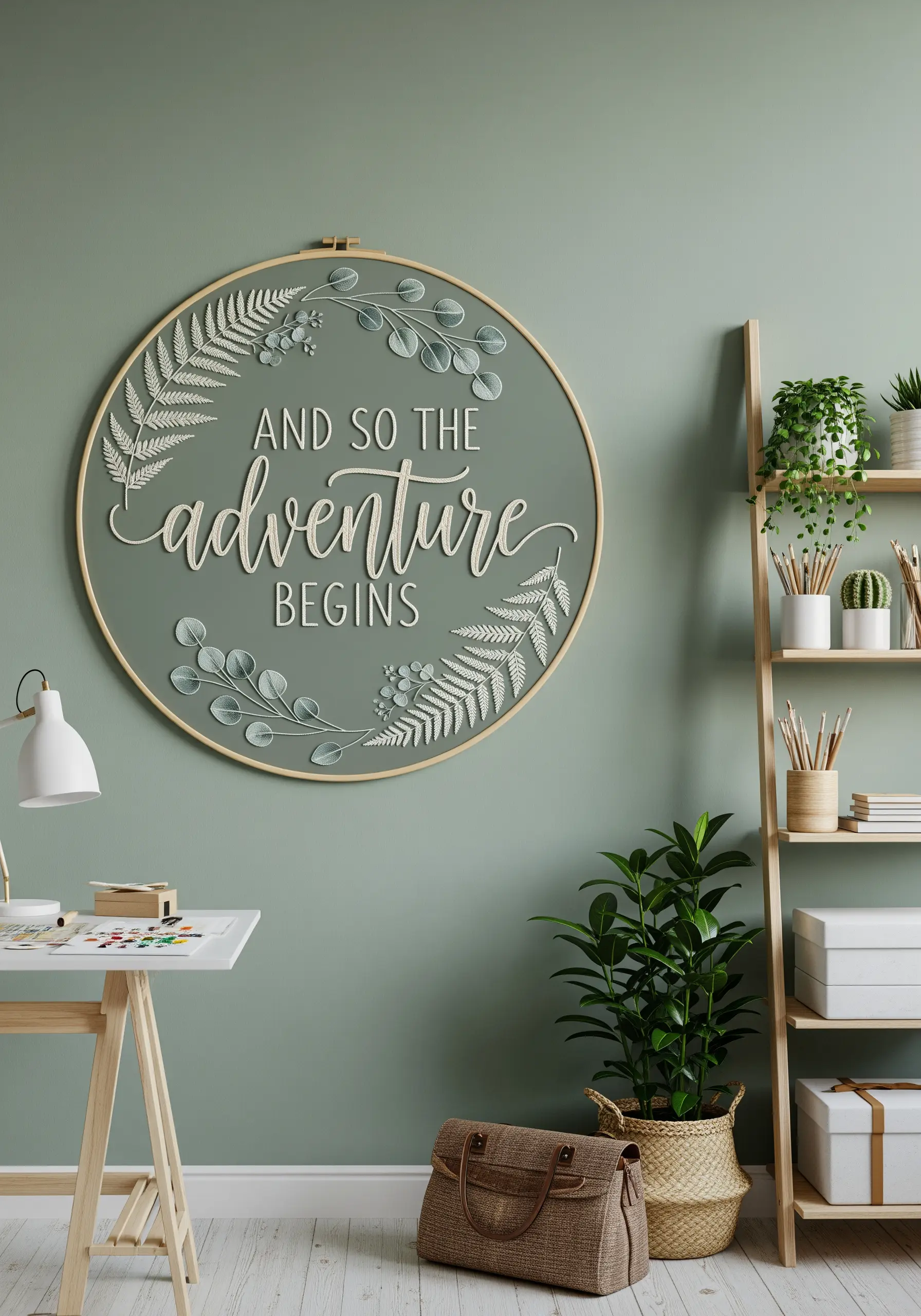 Large embroidery hoop with the quote 'And so the adventure begins' framed by fern leaves.