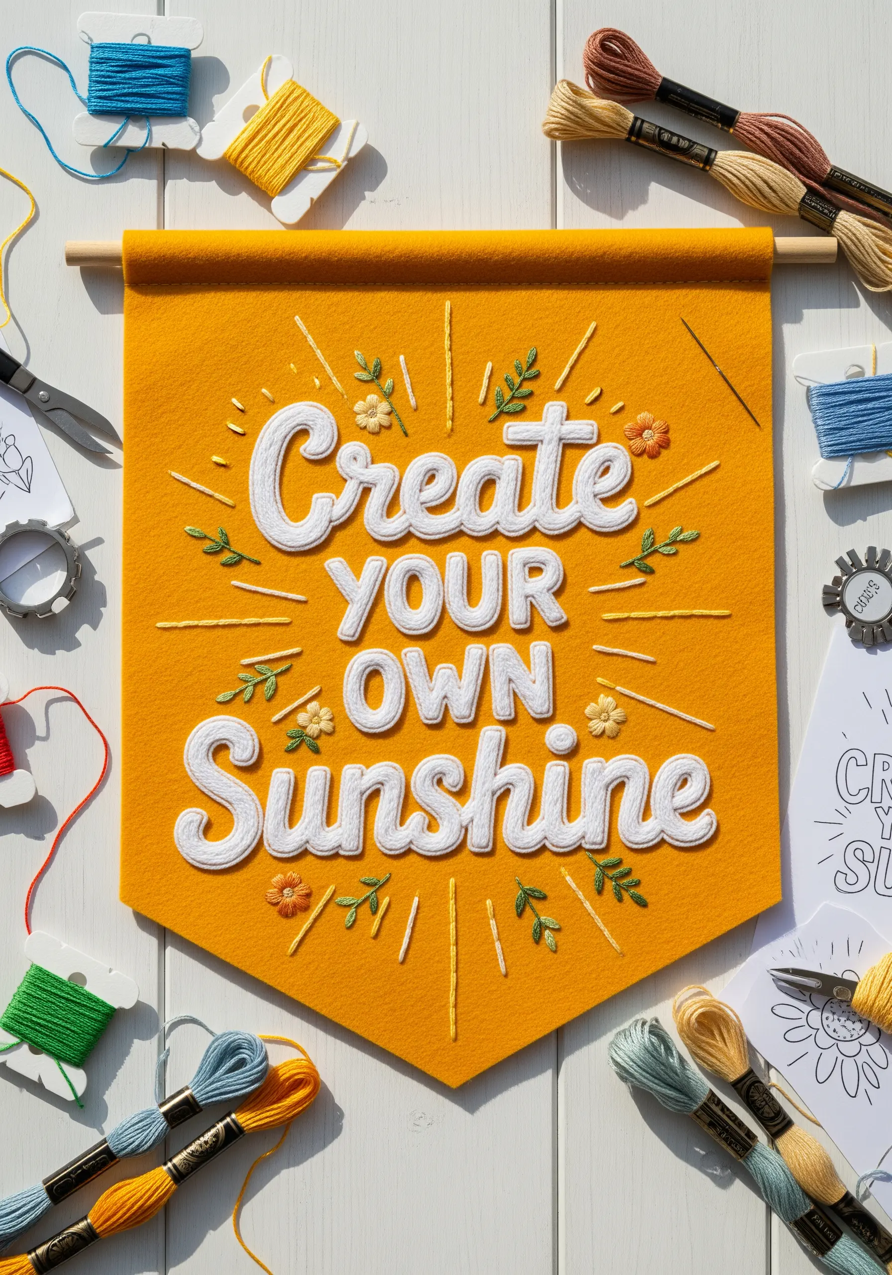 Embroidered yellow felt banner with the quote 'Create Your Own Sunshine' in 3D white thread.