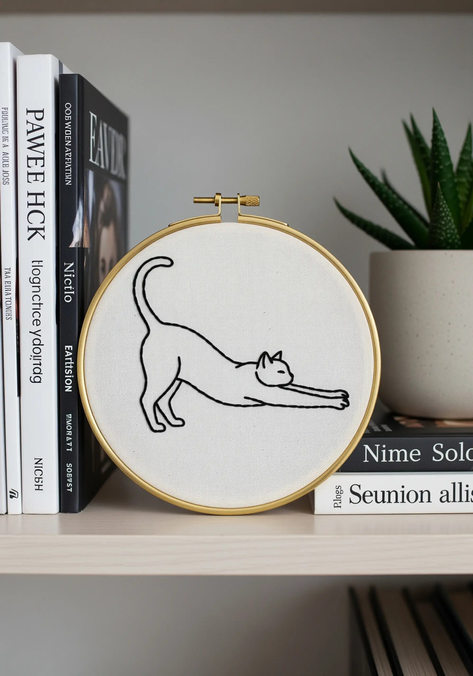 Minimalist black line embroidery of a stretching cat on white fabric in a gold hoop.