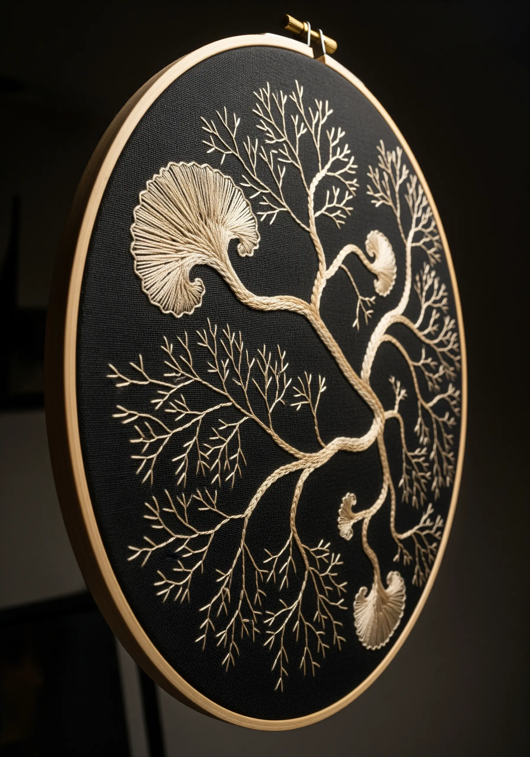 Gold thread embroidery of a ginkgo tree on a black fabric background in a hoop.