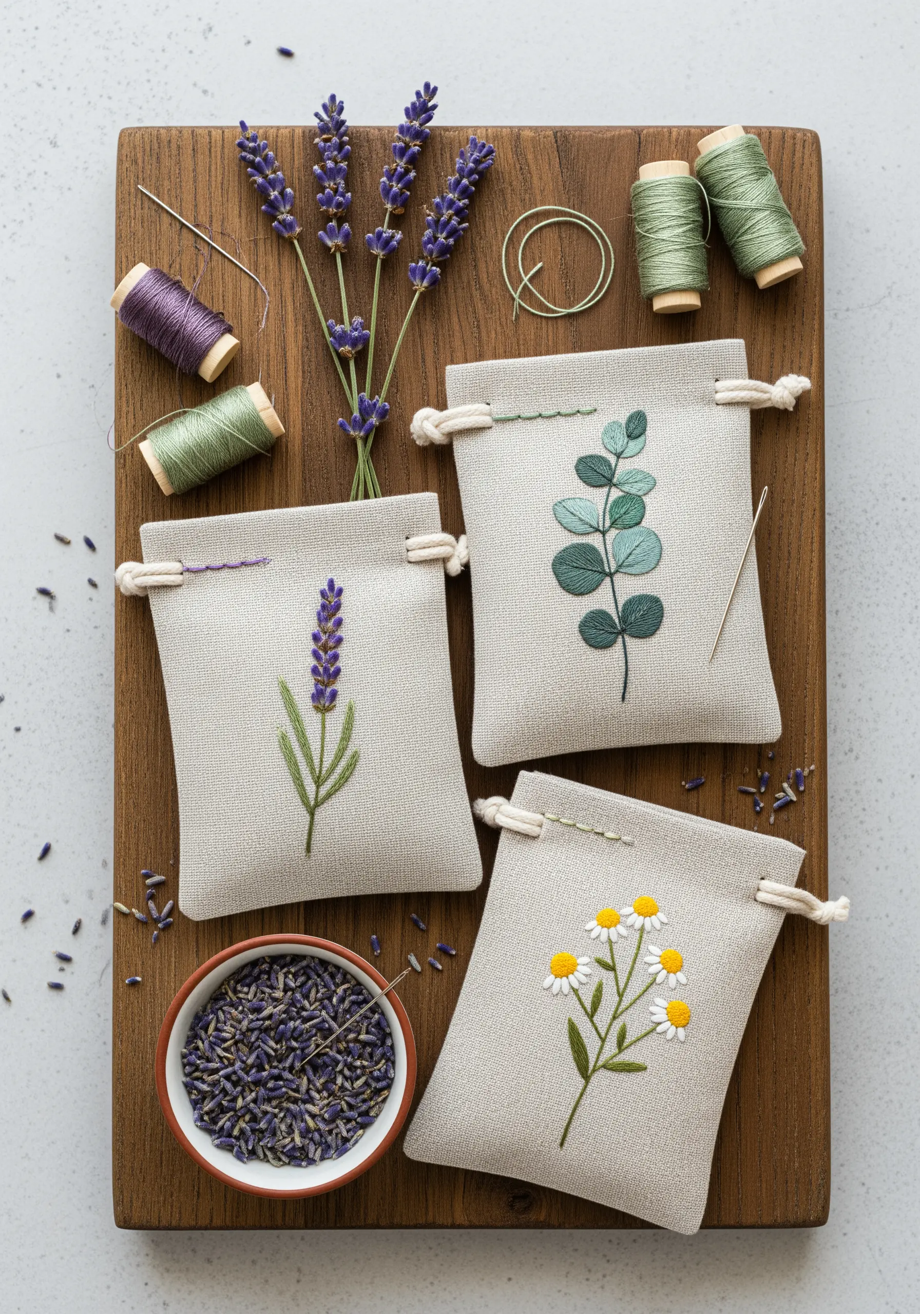 Embroidered lavender, eucalyptus, and chamomile motifs on small linen drawstring bags.