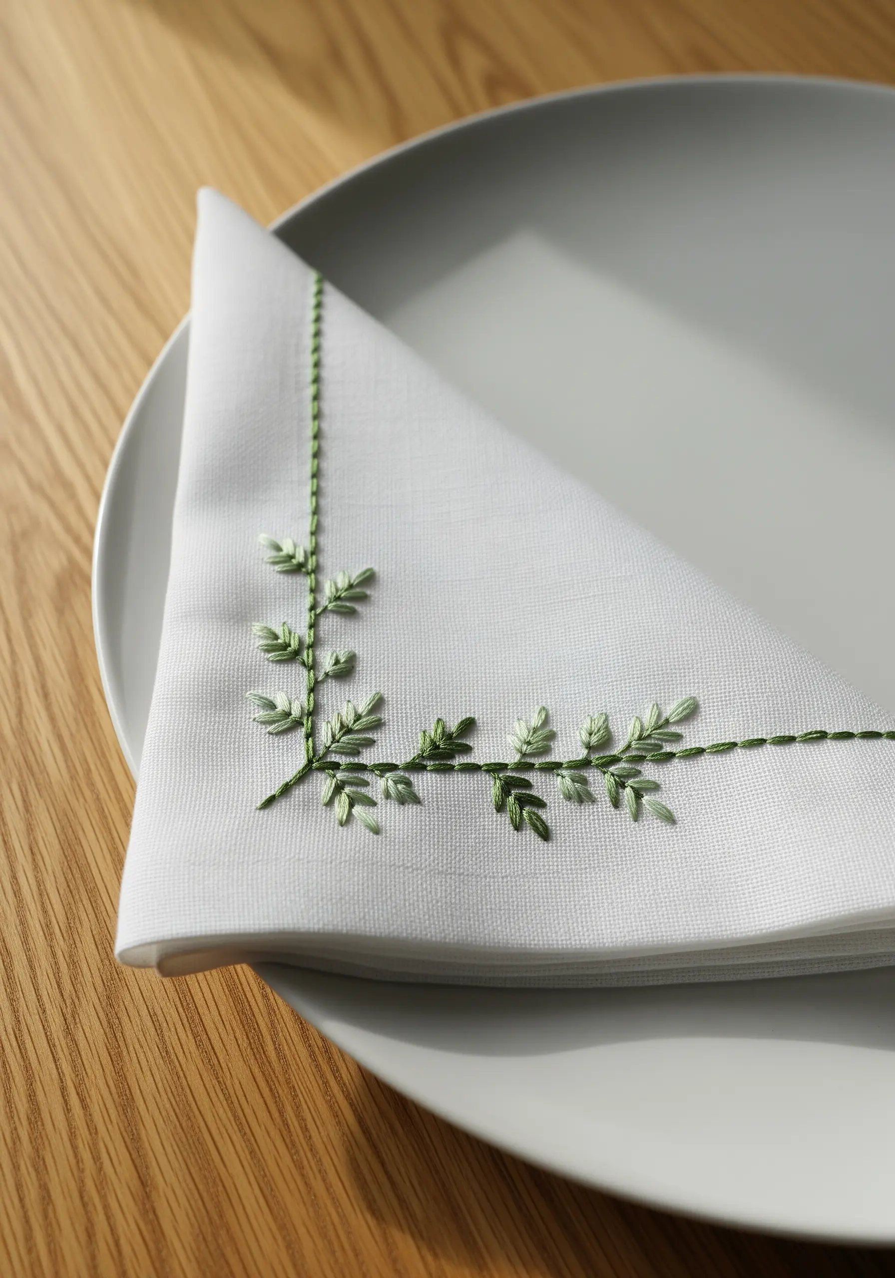 A white napkin with a delicate green vine and leaf pattern embroidered on the corner.