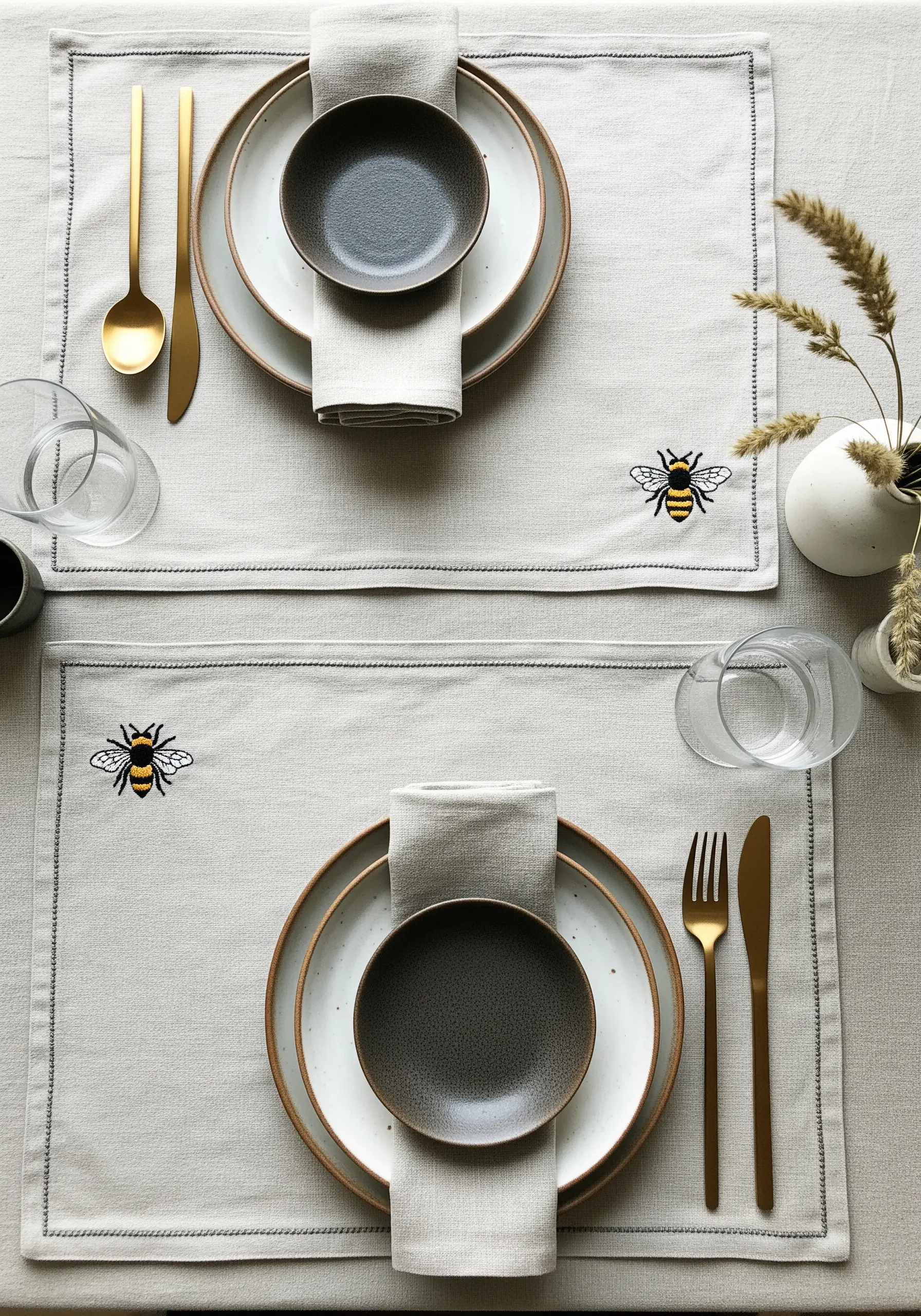 A small, detailed embroidered bee on the corner of a neutral linen placemat