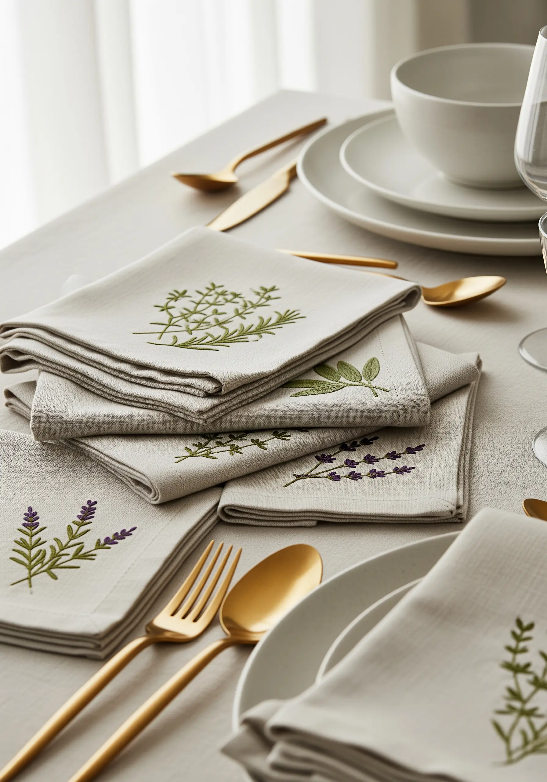 Folded linen napkins, each embroidered with a single delicate herb like lavender or rosemary.