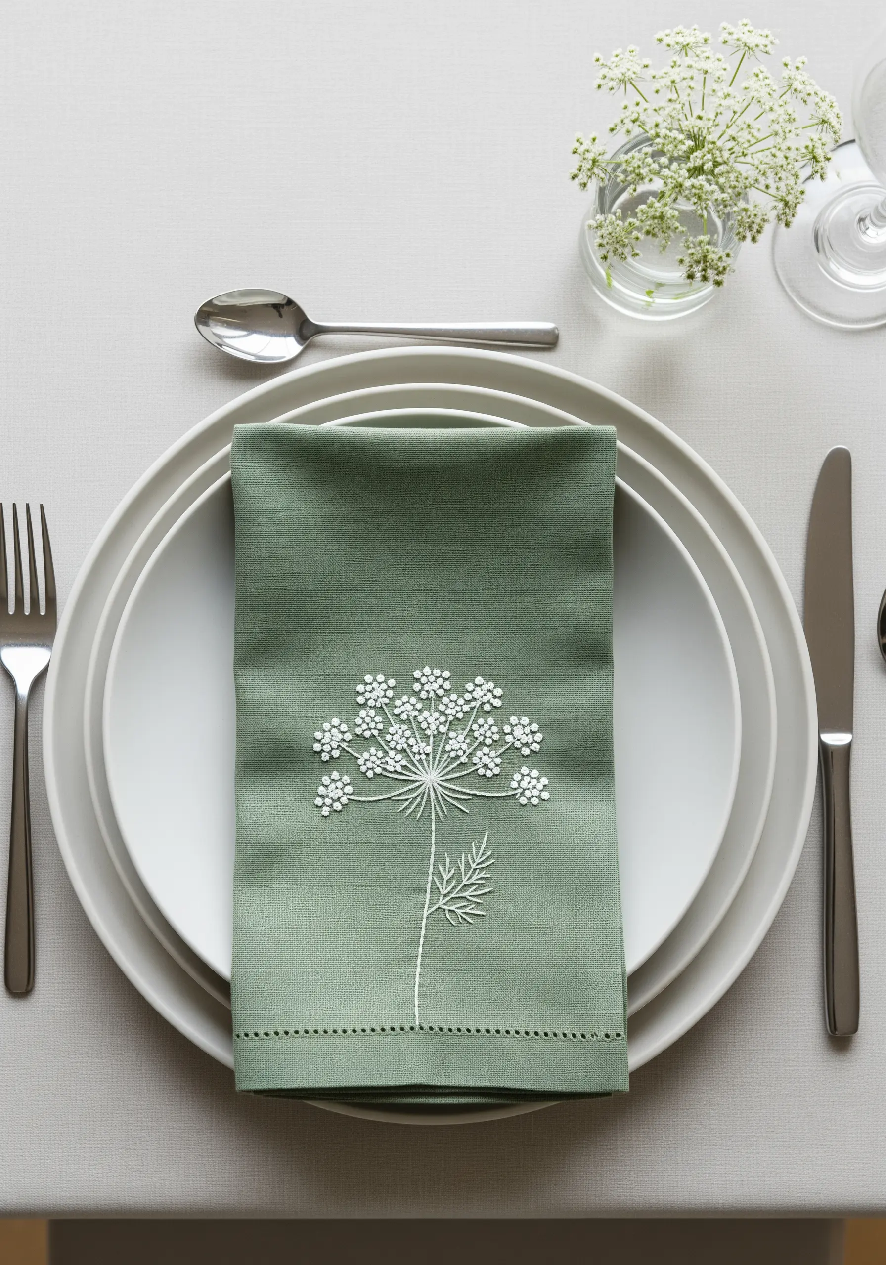A sage green napkin embroidered with a delicate white Queen Anne's Lace motif.