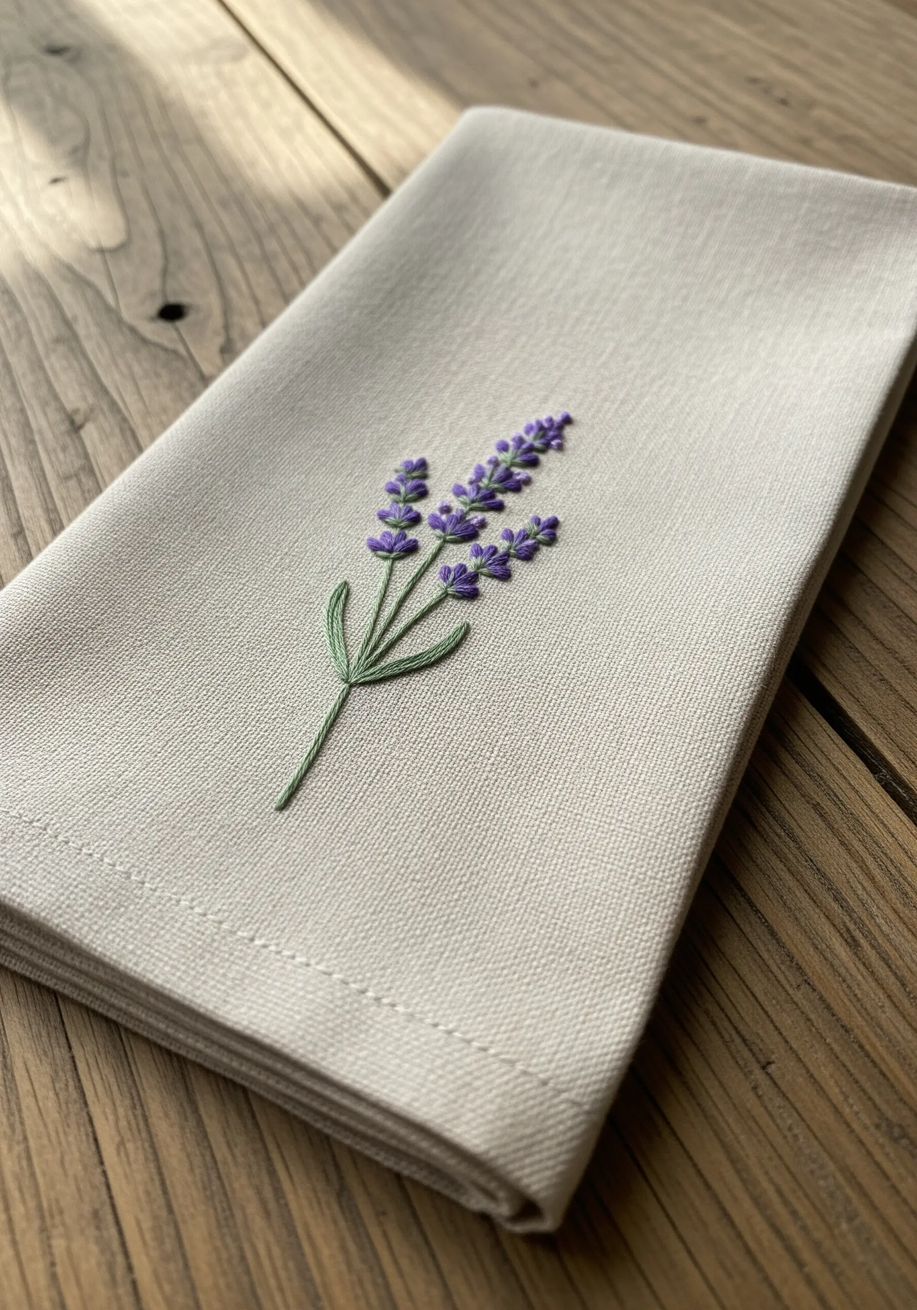 Hand-embroidered lavender sprig with French knots on a neutral linen napkin.
