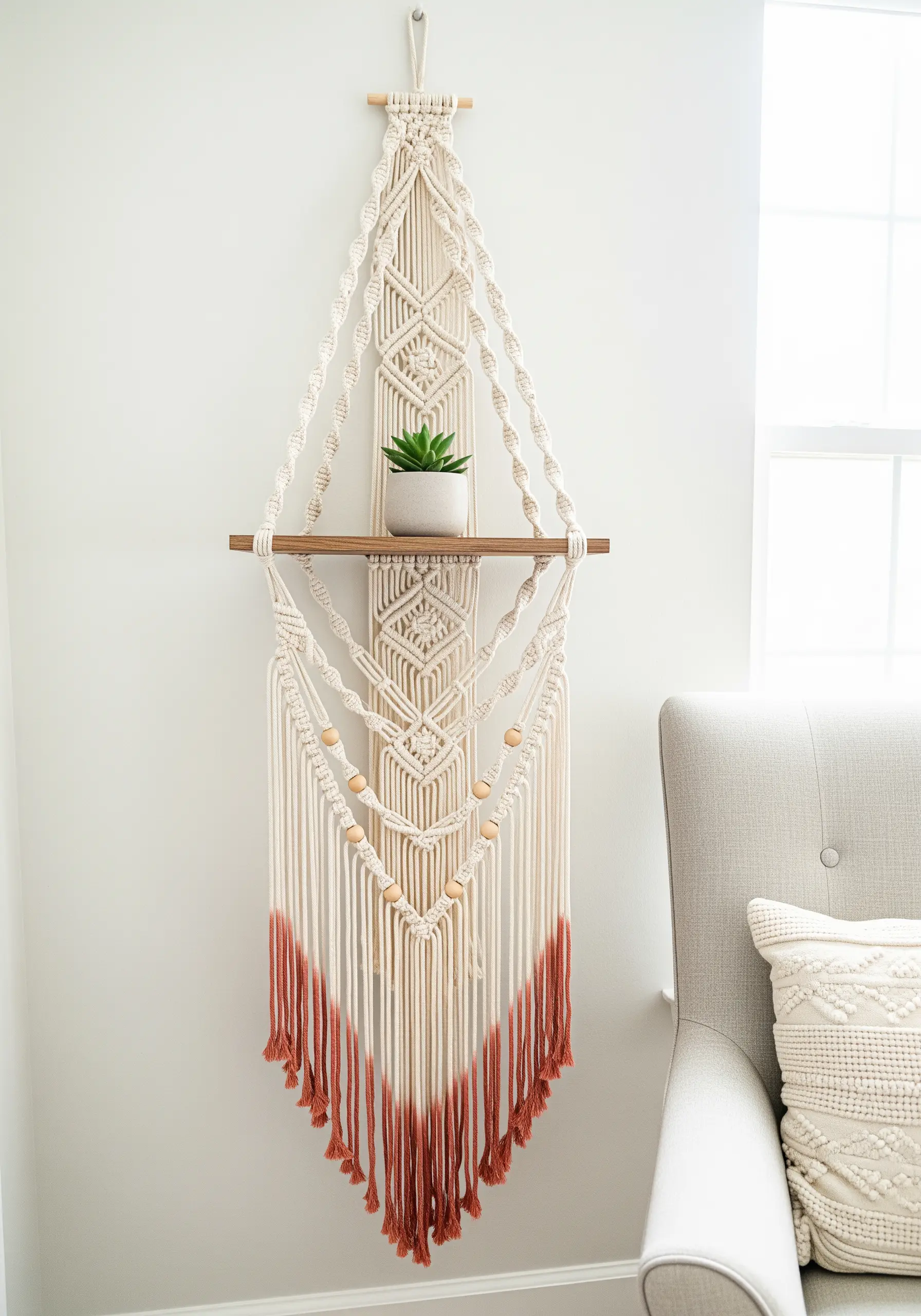 Macrame wall shelf with rust-colored dip-dyed fringe.