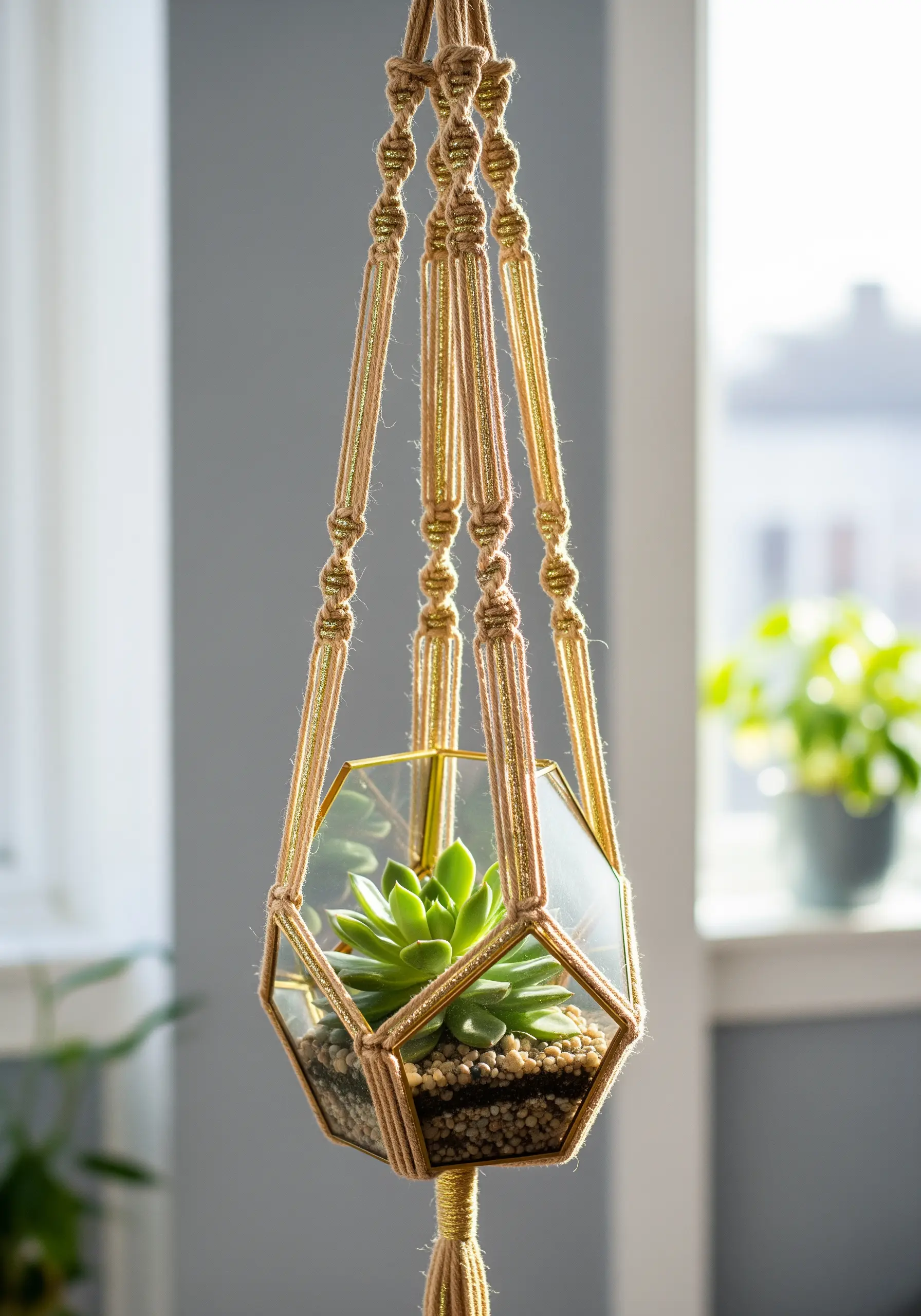 A macrame plant hanger with sections of the cord wrapped in shimmering gold thread.
