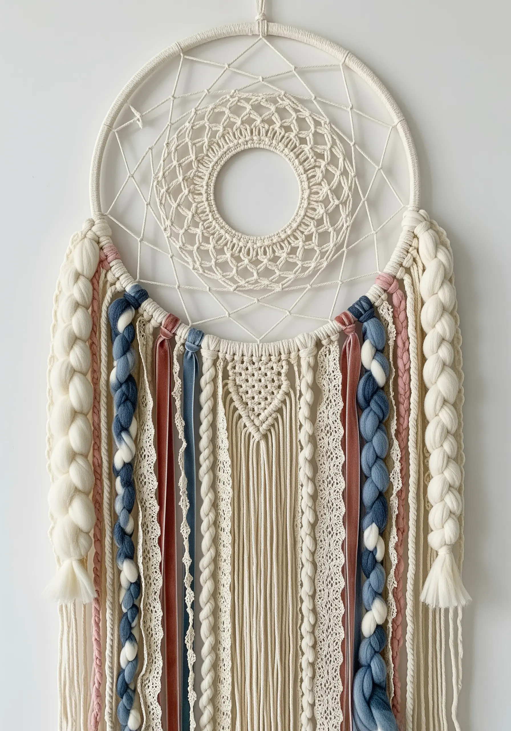 A large macrame wall hanging with chunky wool braids and velvet ribbons in pink and blue.