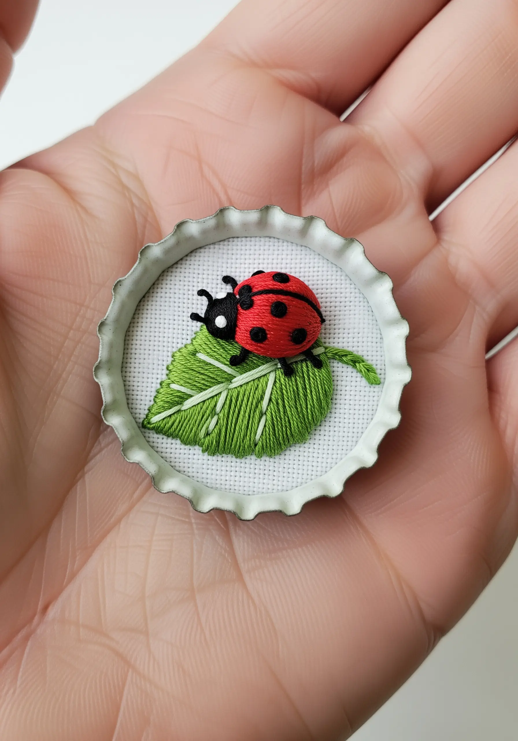 A tiny embroidered ladybug on a leaf, set inside a metal bottle cap