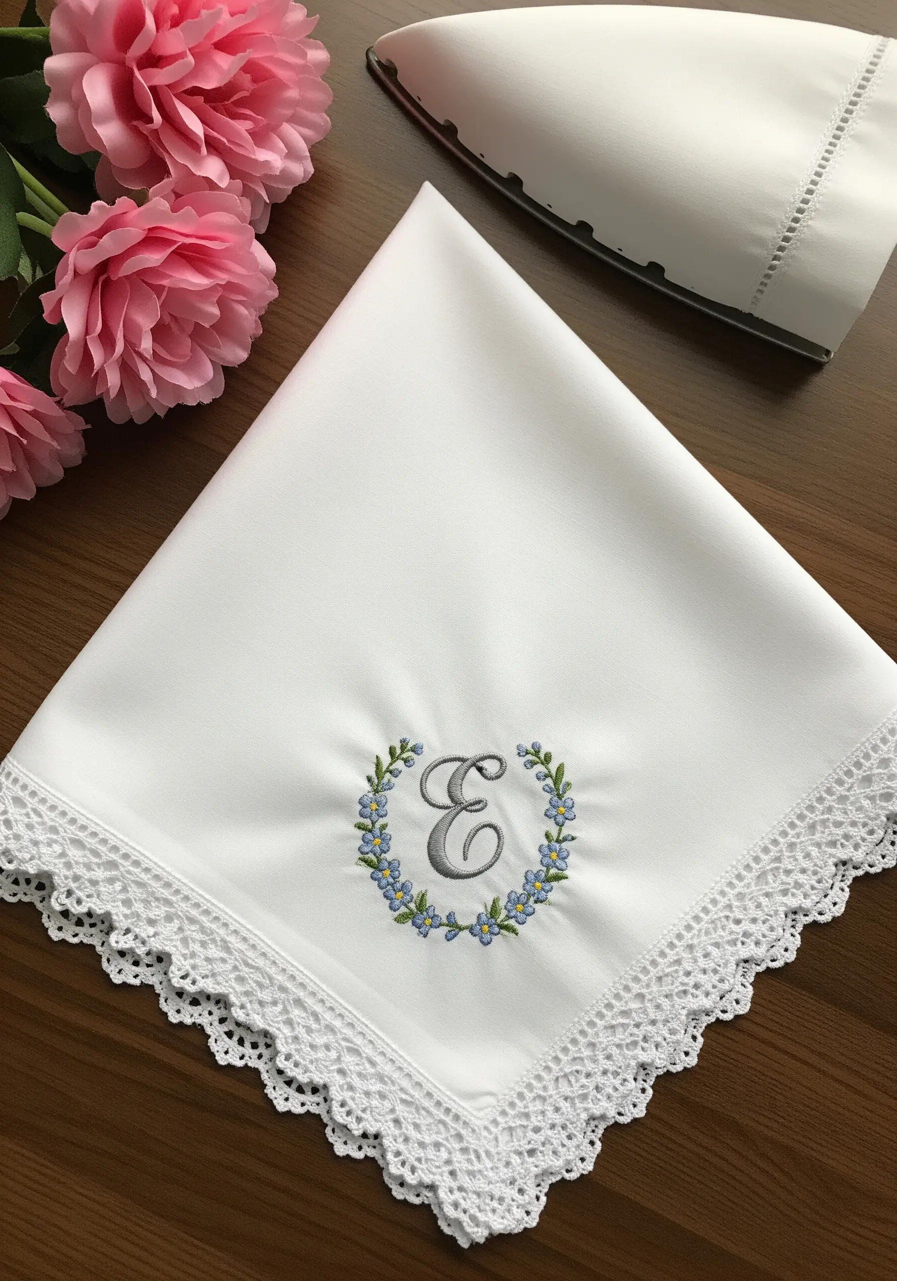 Embroidered silver 'E' monogram inside a delicate blue and green floral wreath.