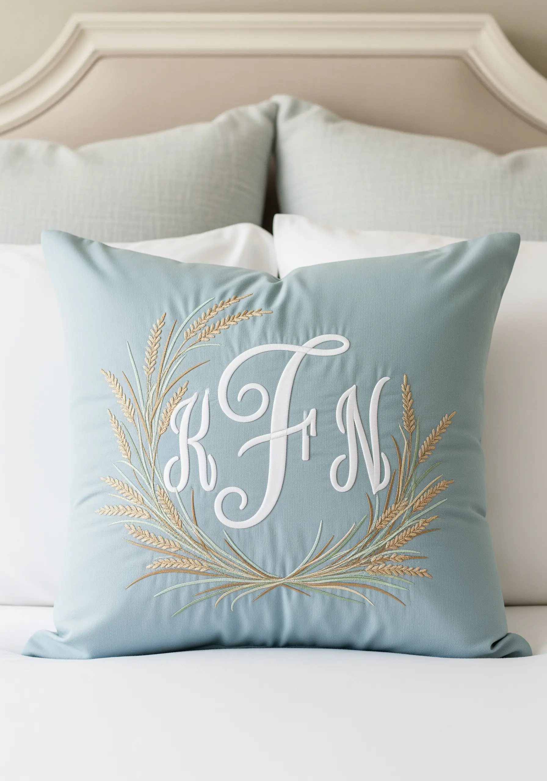 A dusty blue pillow with a large white padded satin stitch monogram framed by wheat sheaves.