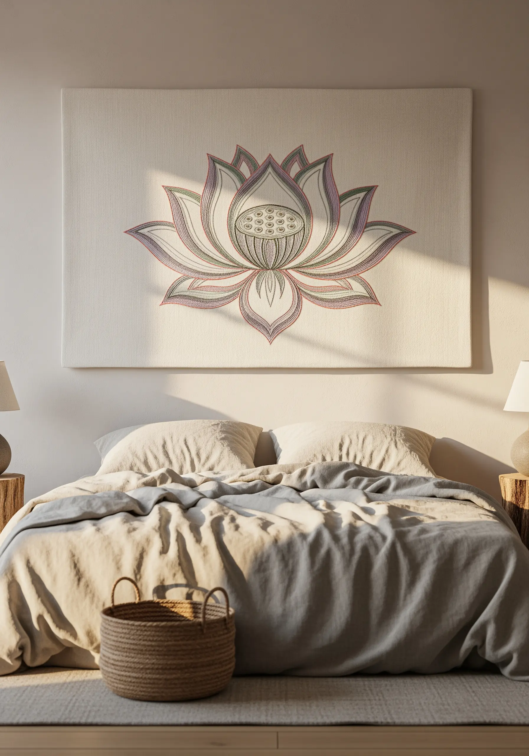 Large canvas over a bed with an embroidered lotus mandala in muted tones.