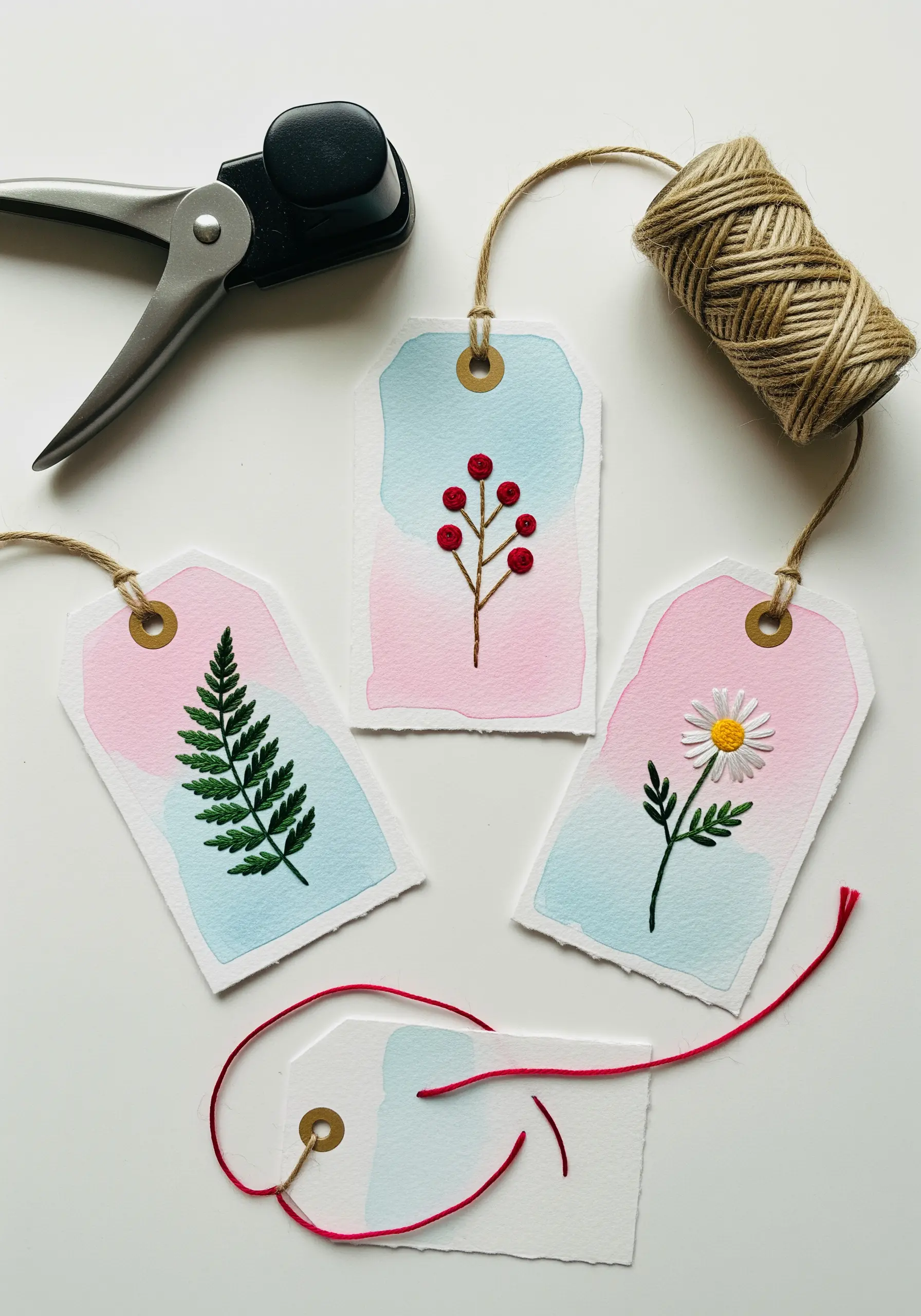 Hand-embroidered gift tags featuring botanical motifs on soft watercolor washes.