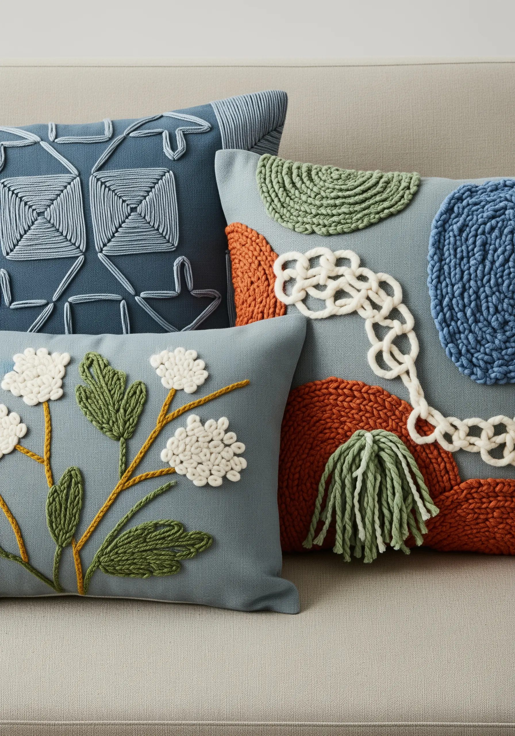 Three decorative pillows with dimensional embroidery, including couched cords and punch needle sections.