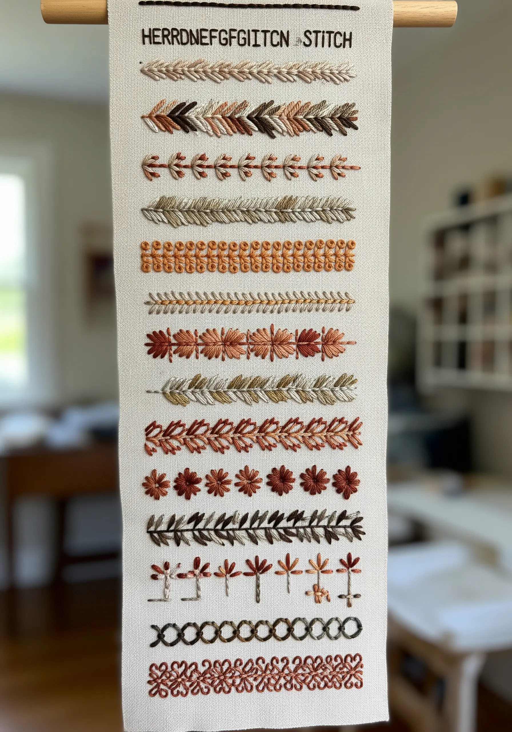 A long linen stitch sampler showing rows of different embroidery stitches in earth tones