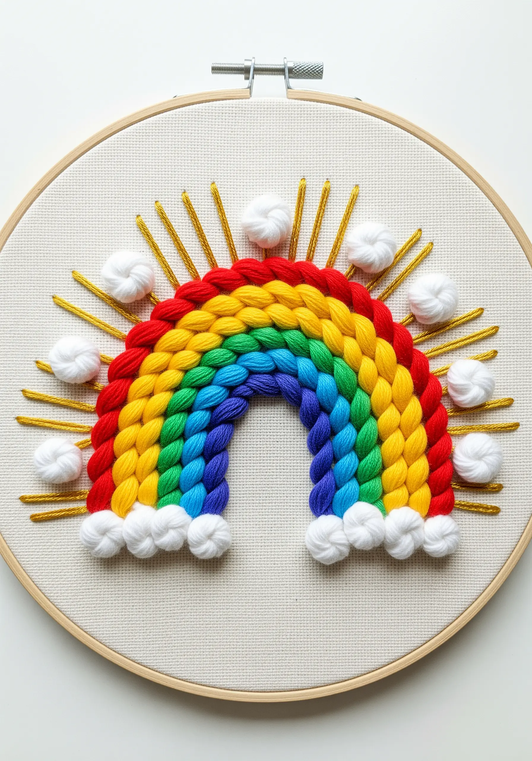 3D rainbow made with braided chunky yarn, pom-pom clouds, and metallic sun rays.